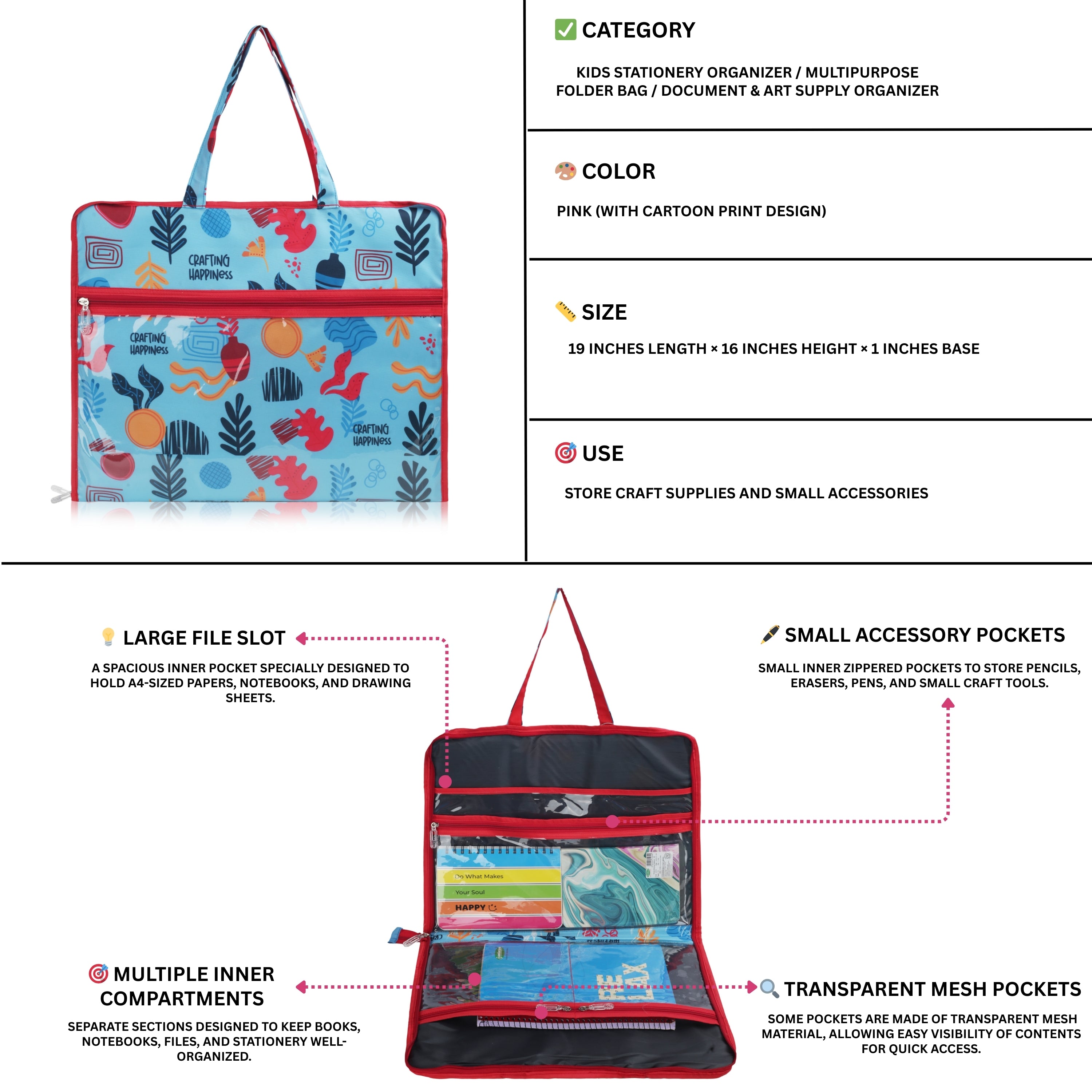 Echo Boomers Multipurpose Folder Bag | Stationery Organizer & Document File Bag with Multiple Compartments