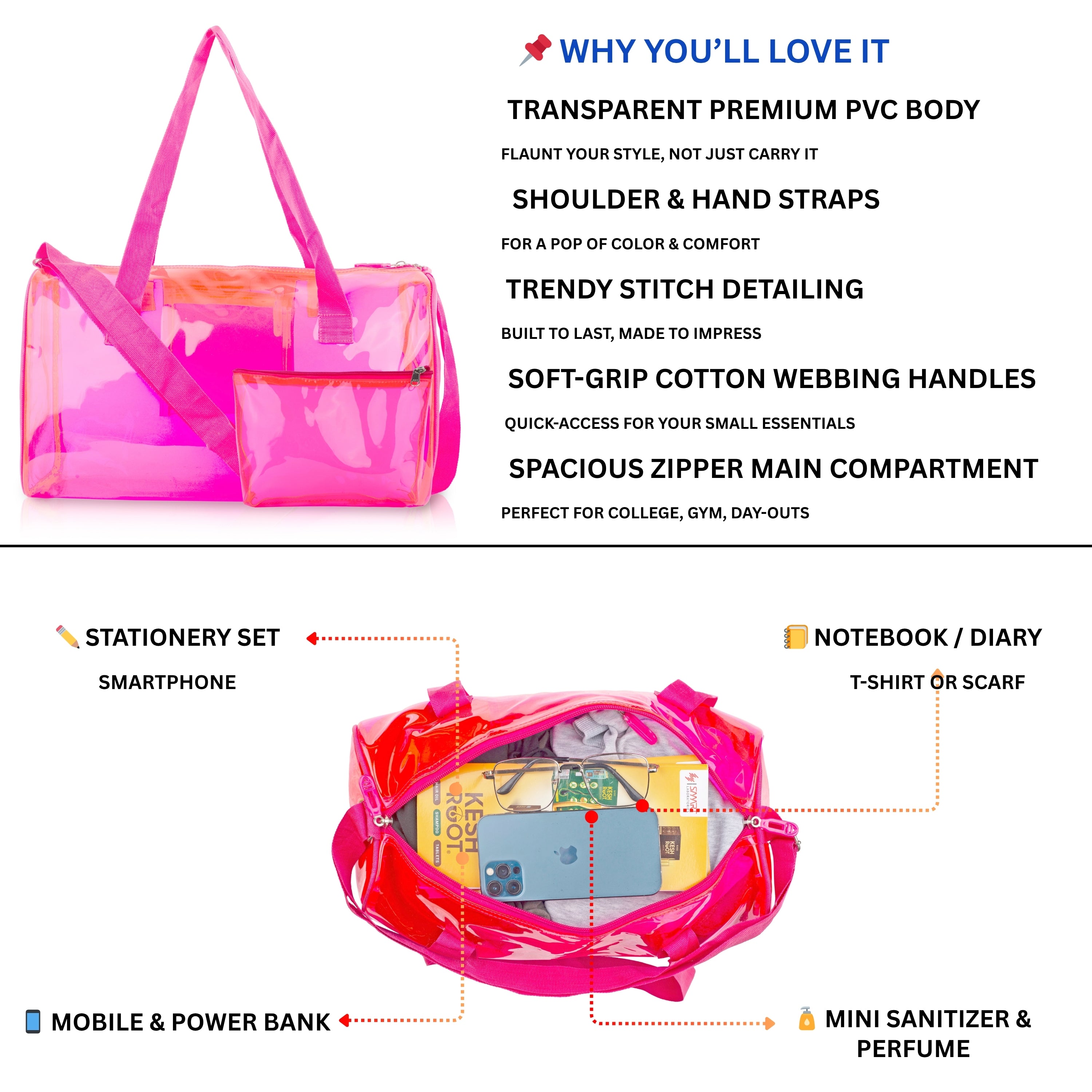 Echo Boomers Bold Blue Transparent Jelly Duffle Bag with Matching Pouch | 50 GSM Waterproof PVC Travel Gym Tote | Lightweight Shoulder Handbag for Women, Girls, College, Sports & Weekend Trips