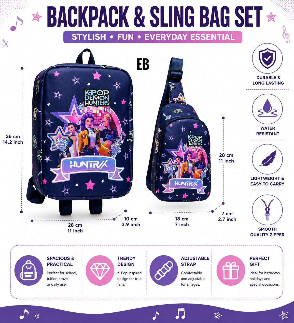 Echo Boomers Kids Backpack & Crossbody Sling Bag Set | Lightweight School Bag Combo for Boys & Girls | Premium Fabric | Smooth Zippers | Adjustable Strap | Vibrant Print