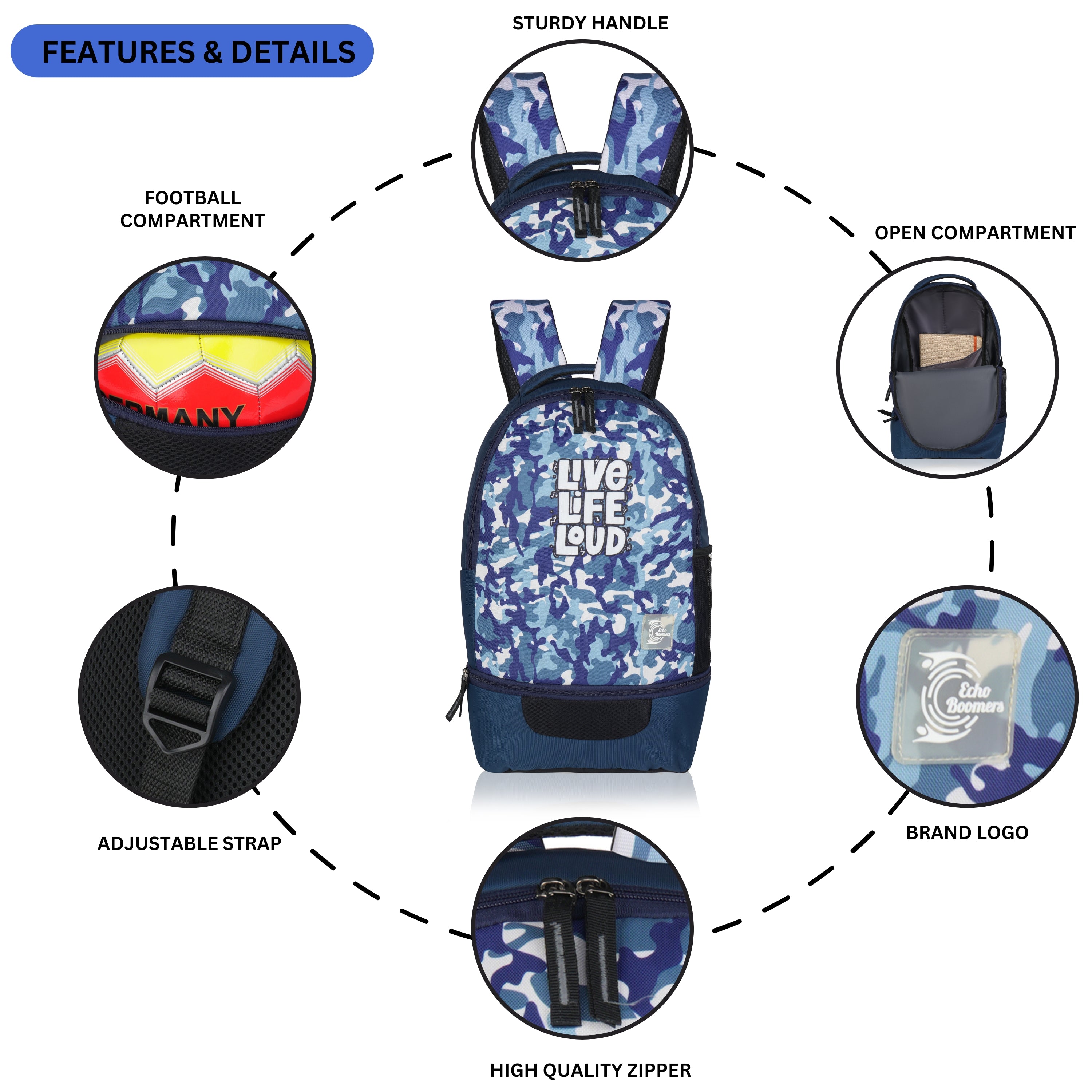 Echo Boomers Manchester United Sports Backpack with Separate Football Compartment | Student Sports Backpack with Adjustable Straps, Sturdy Handle & High Quality Zippers