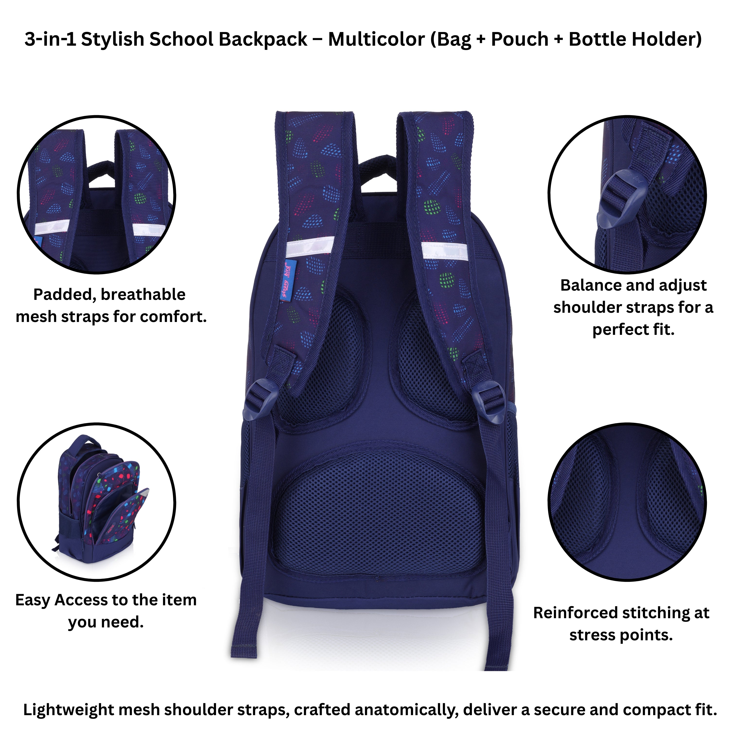 Echo Boomers Glossy Bird Backpack (BLACK) – Lightweight Water-Resistant School Bag for Girls & Boys with Detachable Pouch & Bottle Holder – Stylish Multi-Pocket Travel Backpack