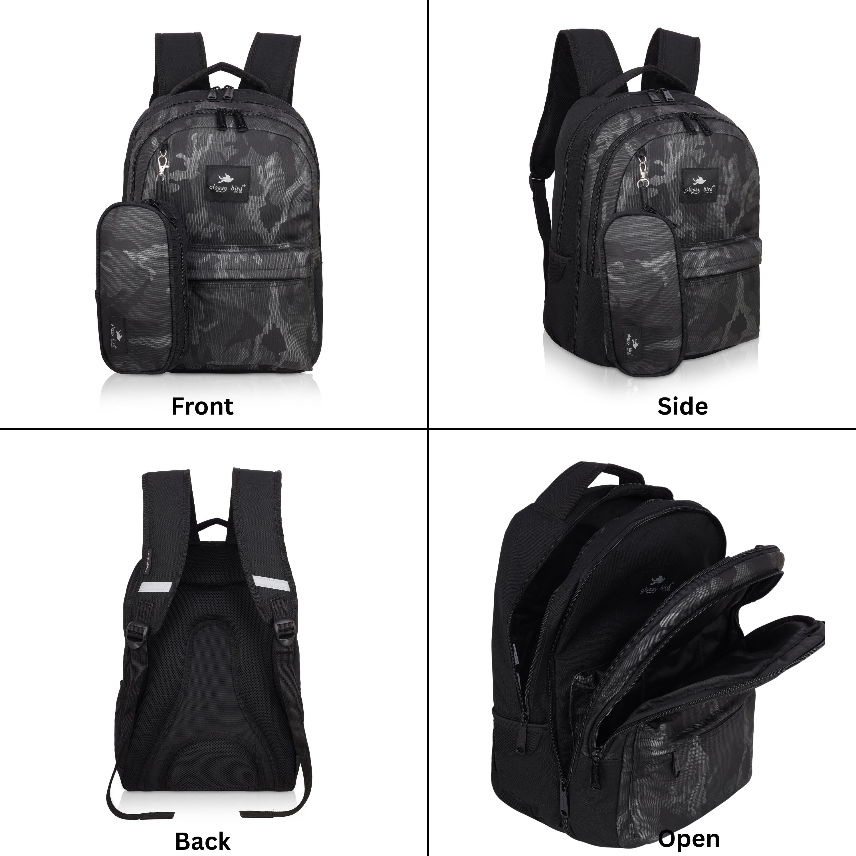 Echo Boomers Glossy Bird Backpack – Water-Resistant Unisex Bag with 4 Compartments, Bottle Holder, Detachable Pouch & Padded Straps – Travel & School Backpack (SKY)