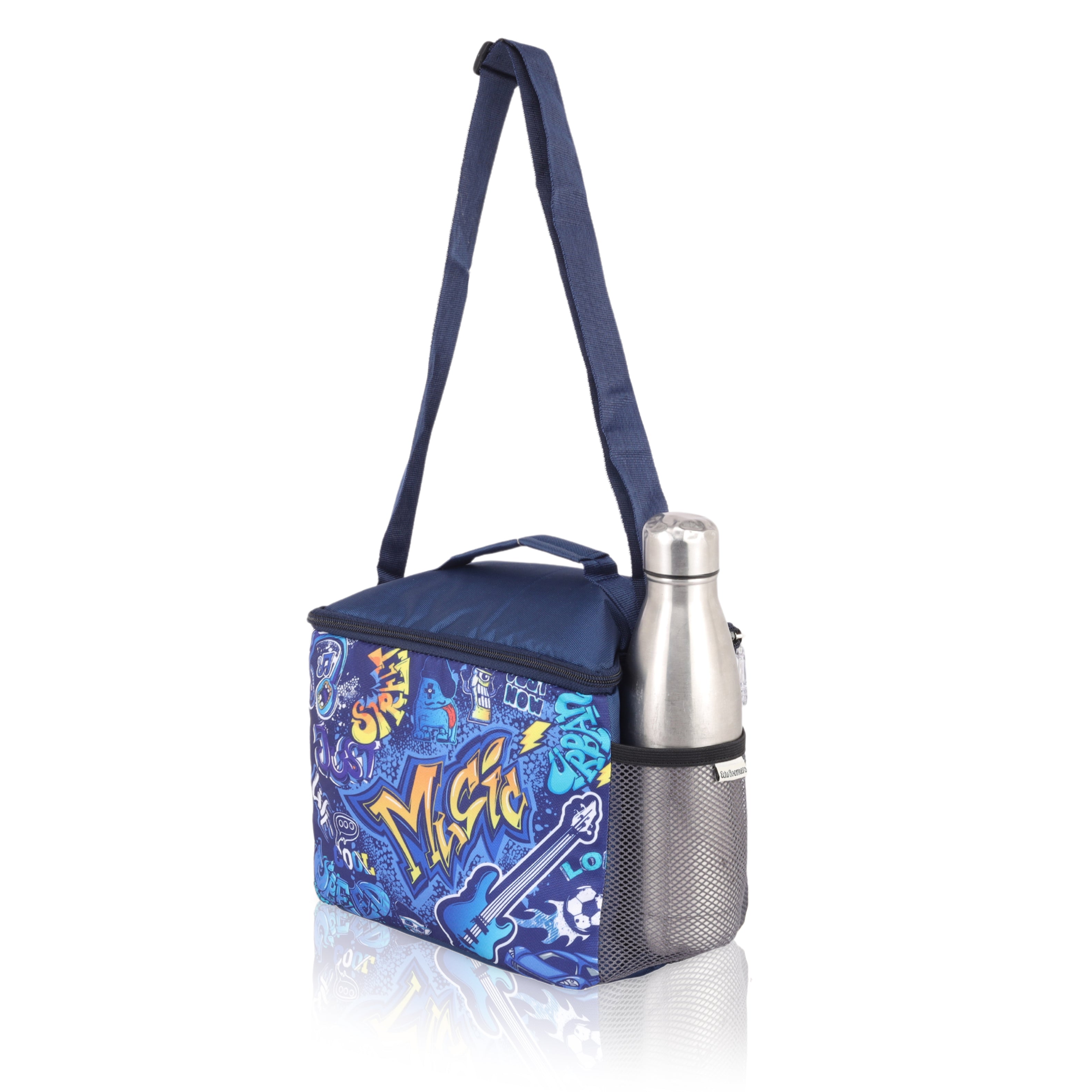 Echo Boomers Music Printed Insulated Lunch Bag, Tiffin and Food Storage Bag for Work, Students, Office, Picnic, College & School with Bottle Holder & Multiple Zipper Pockets (Blue)