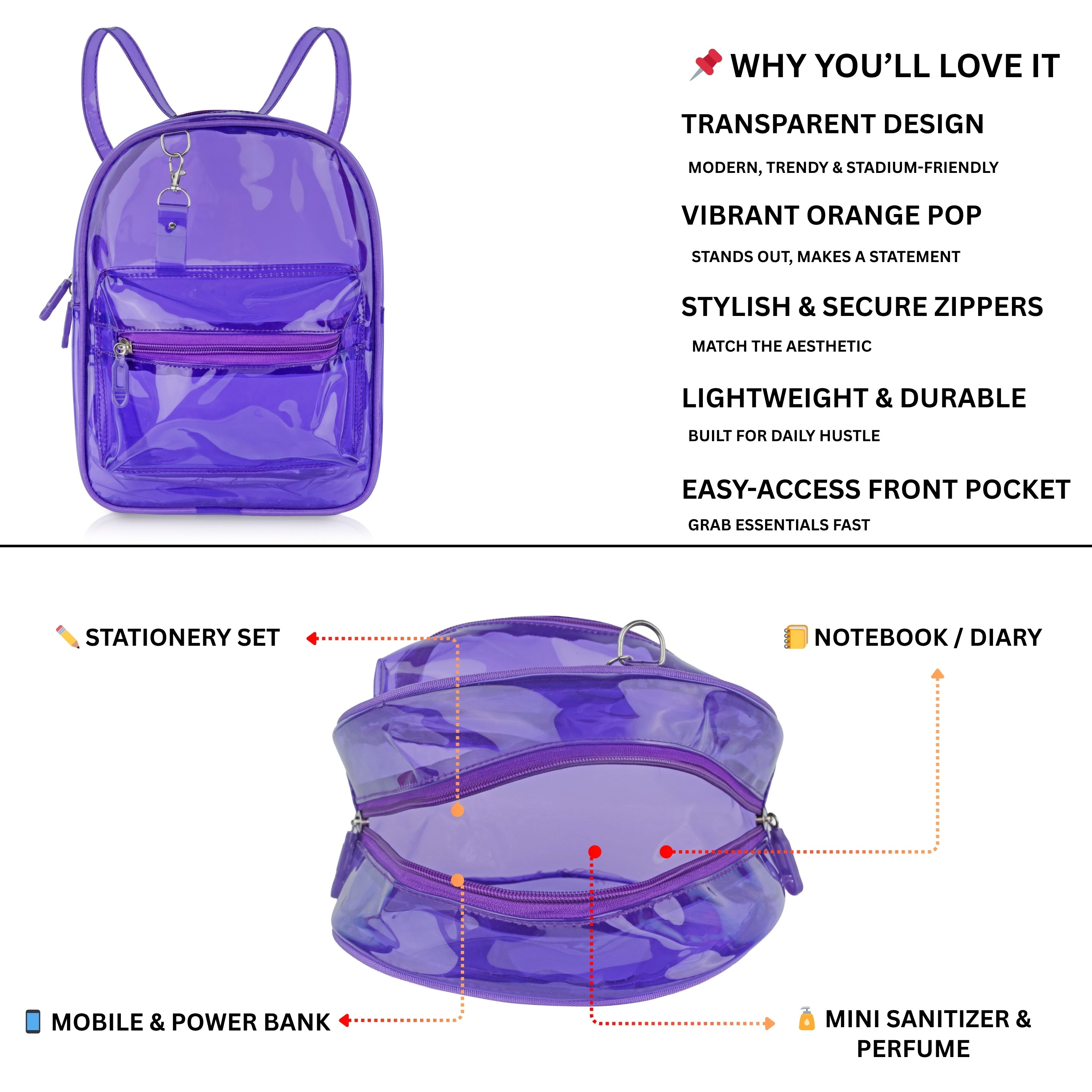 Echo Boomers Stylish Transparent Jelly Backpack | Trendy Neon  Clear Bag | 50 GSM Waterproof PVC School, College & Travel Backpack with Front Zipper Pocket