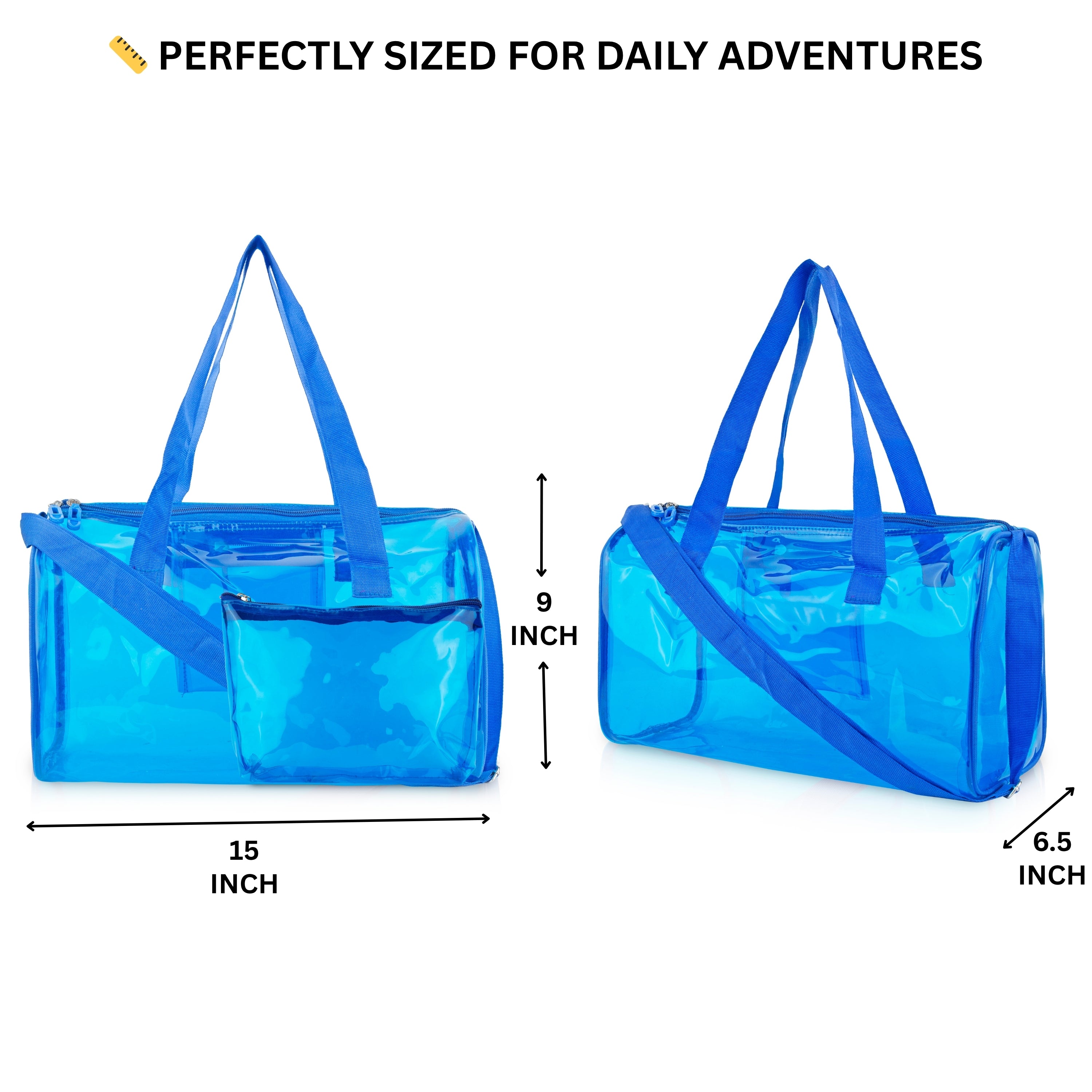 Echo Boomers Bold Blue Transparent Jelly Duffle Bag with Matching Pouch | 50 GSM Waterproof PVC Travel Gym Tote | Lightweight Shoulder Handbag for Women, Girls, College, Sports & Weekend Trips