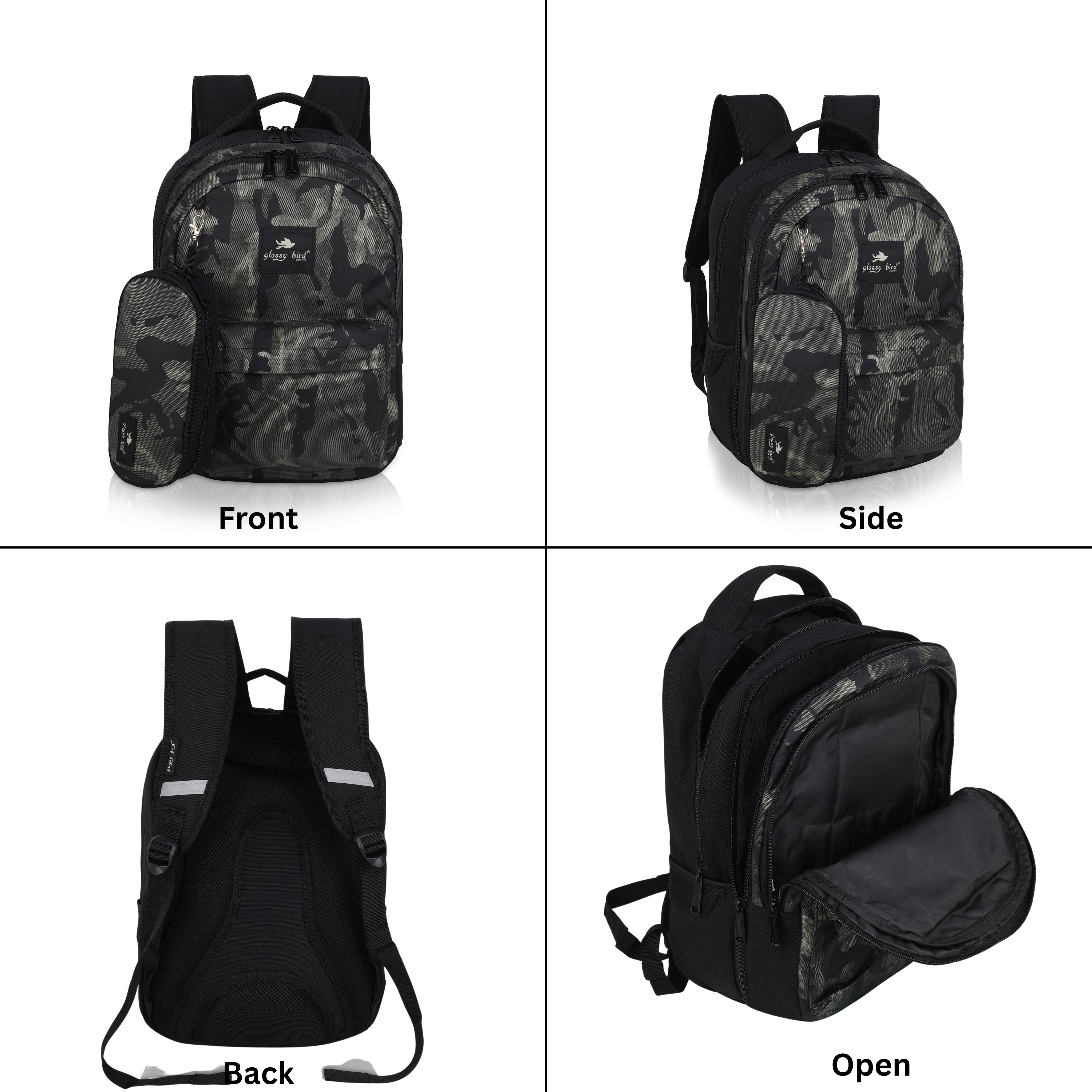 Echo Boomers Glossy Bird Backpack – Water-Resistant Unisex Bag with 4 Compartments, Bottle Holder, Detachable Pouch & Padded Straps – Travel & School Backpack (SKY)