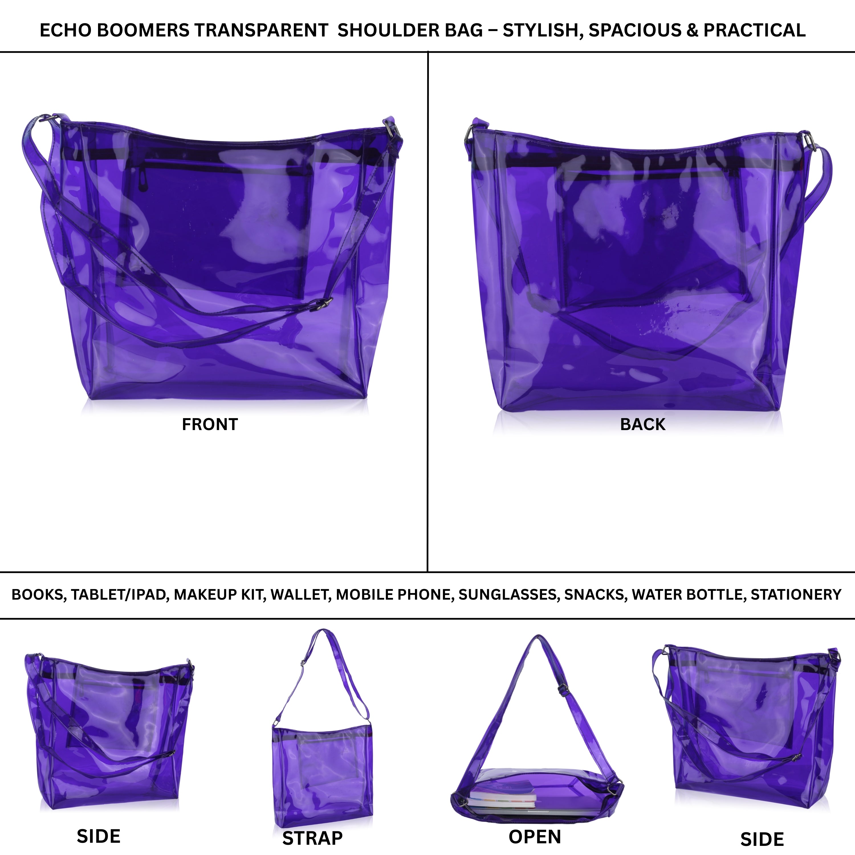 Echo Boomers Transparent Shoulder Bag – Neon Orange, Pink, Green ,Purple, Yellow & Blue| Stylish, Spacious, Durable & Multipurpose PVC Tote