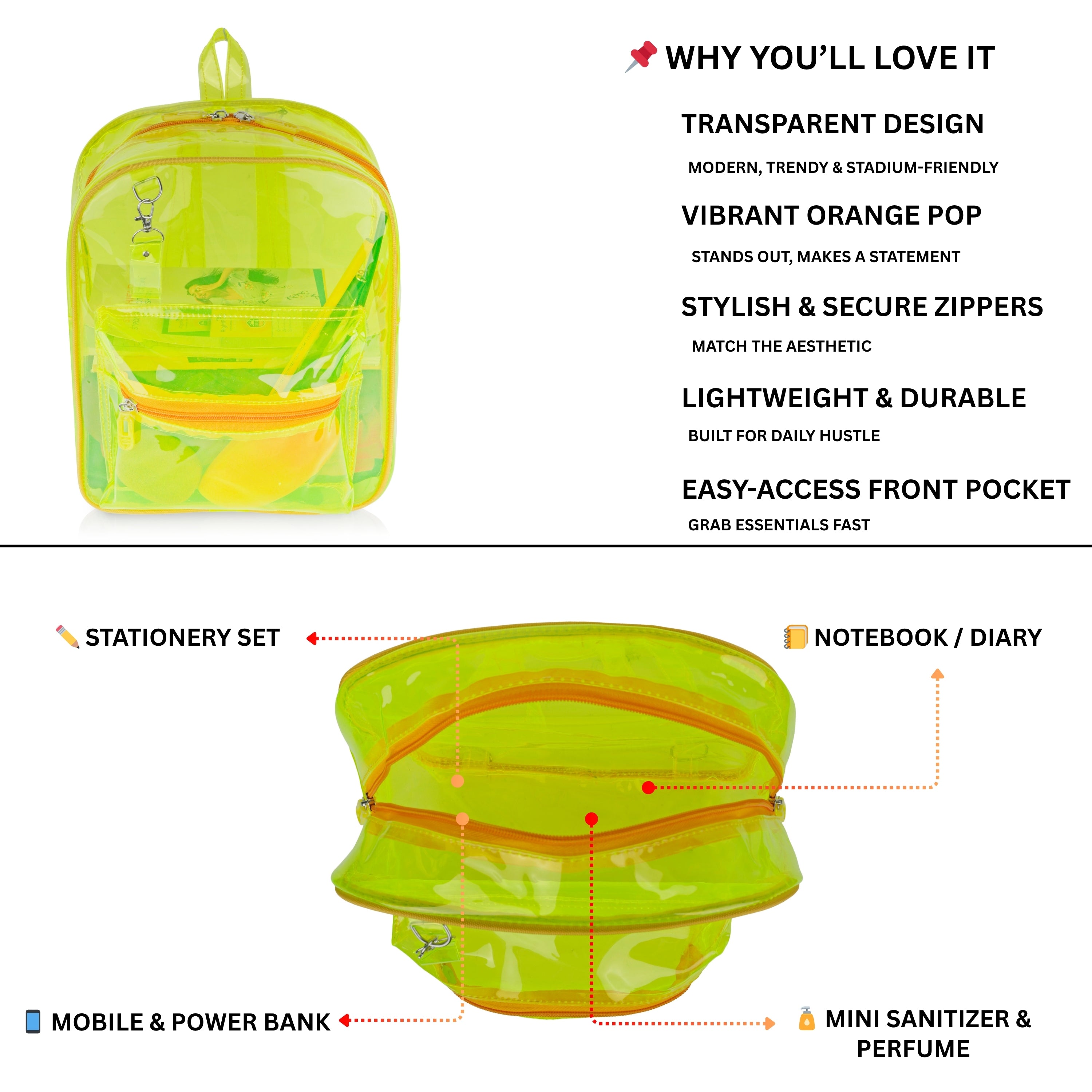 Echo Boomers Stylish Transparent Jelly Backpack | Trendy Neon Yellow Clear Bag | 50 GSM Waterproof PVC School, College & Travel Backpack with Front Zipper Pocket