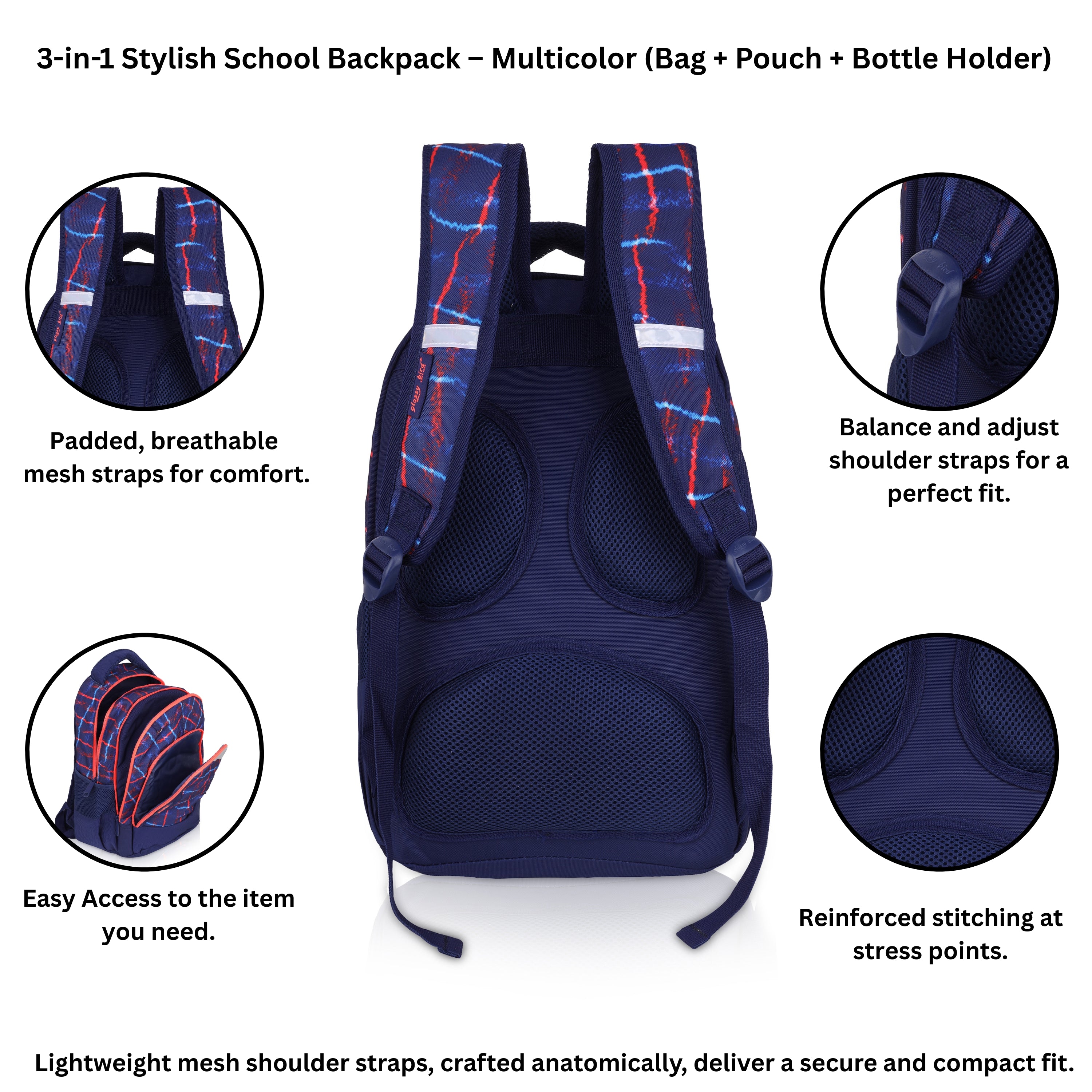 Echo Boomers Glossy Bird Backpack (BLACK) – Lightweight Water-Resistant School Bag for Girls & Boys with Detachable Pouch & Bottle Holder – Stylish Multi-Pocket Travel Backpack