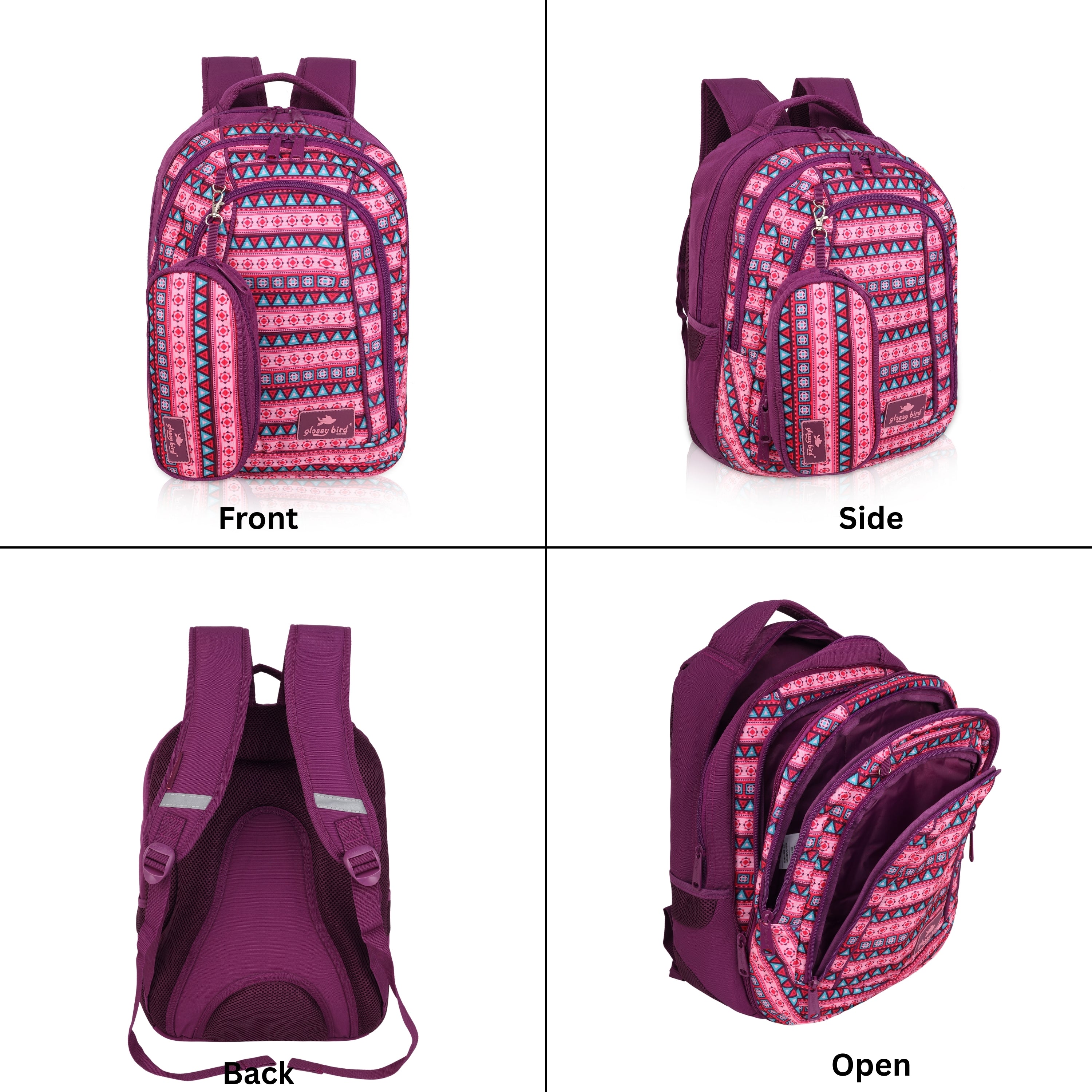 Echo Boomers Glossy Bird Unisex Backpack for School, Office & Travel – Water-Resistant, Lightweight Bag with 4 Compartments, Bottle Holder, Detachable Pouch & Ergonomic Straps (Purple)