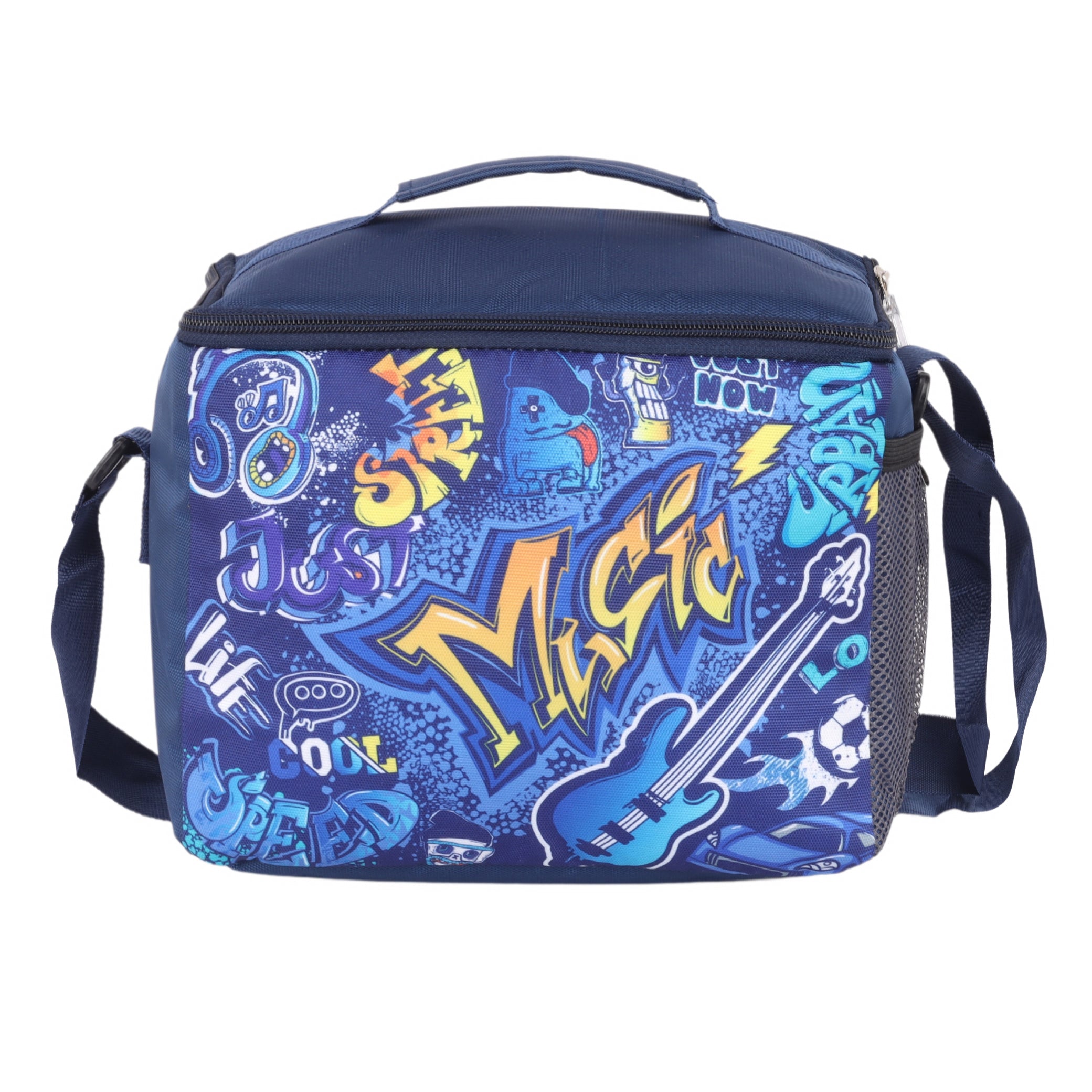 Echo Boomers Music Printed Insulated Lunch Bag, Tiffin and Food Storage Bag for Work, Students, Office, Picnic, College & School with Bottle Holder & Multiple Zipper Pockets (Blue)