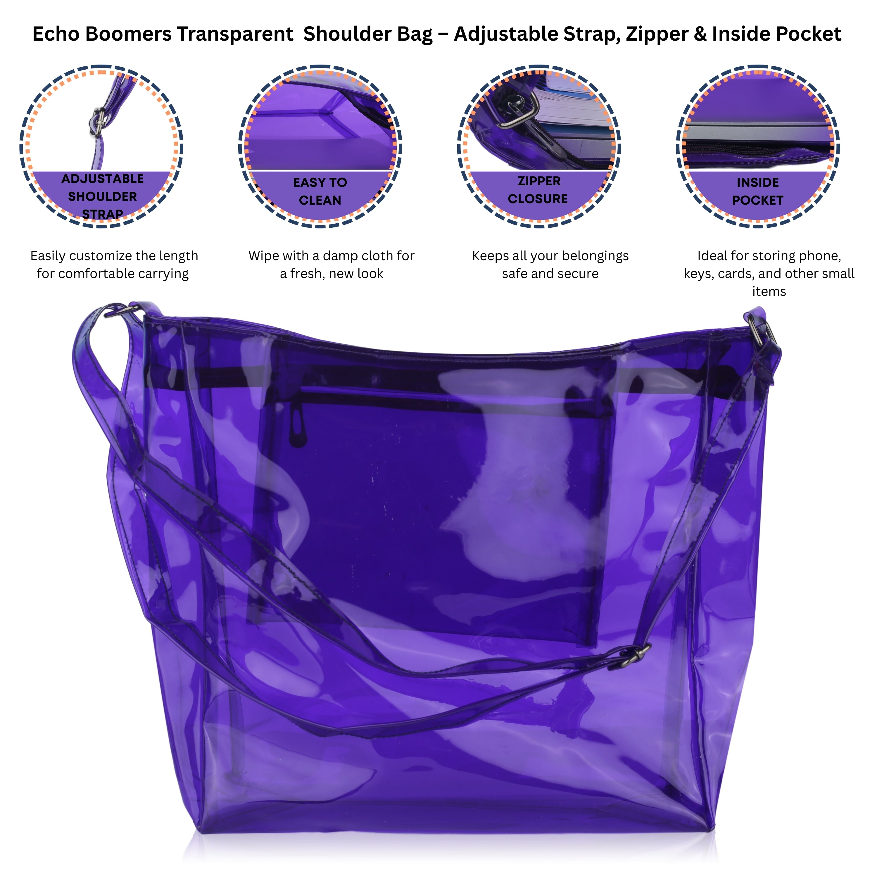 Echo Boomers Transparent Shoulder Bag – Neon Orange, Pink, Green ,Purple, Yellow & Blue| Stylish, Spacious, Durable & Multipurpose PVC Tote