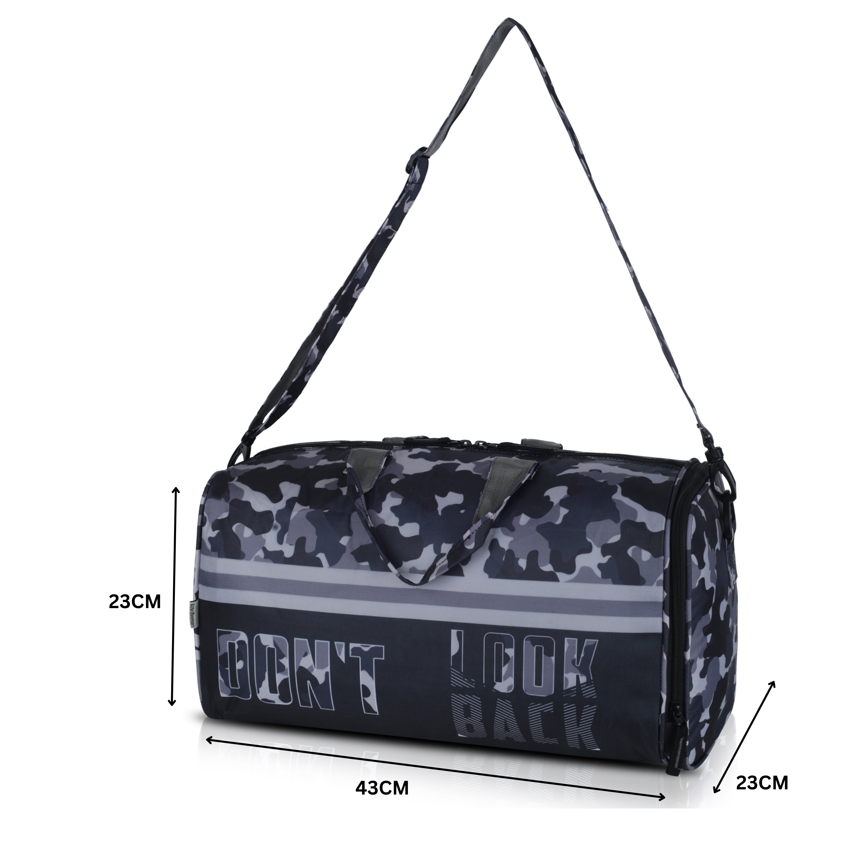 Echo Boomers Square Text Print Duffle Bag – Stylish Travel & Gym Bag with Shoe Compartment