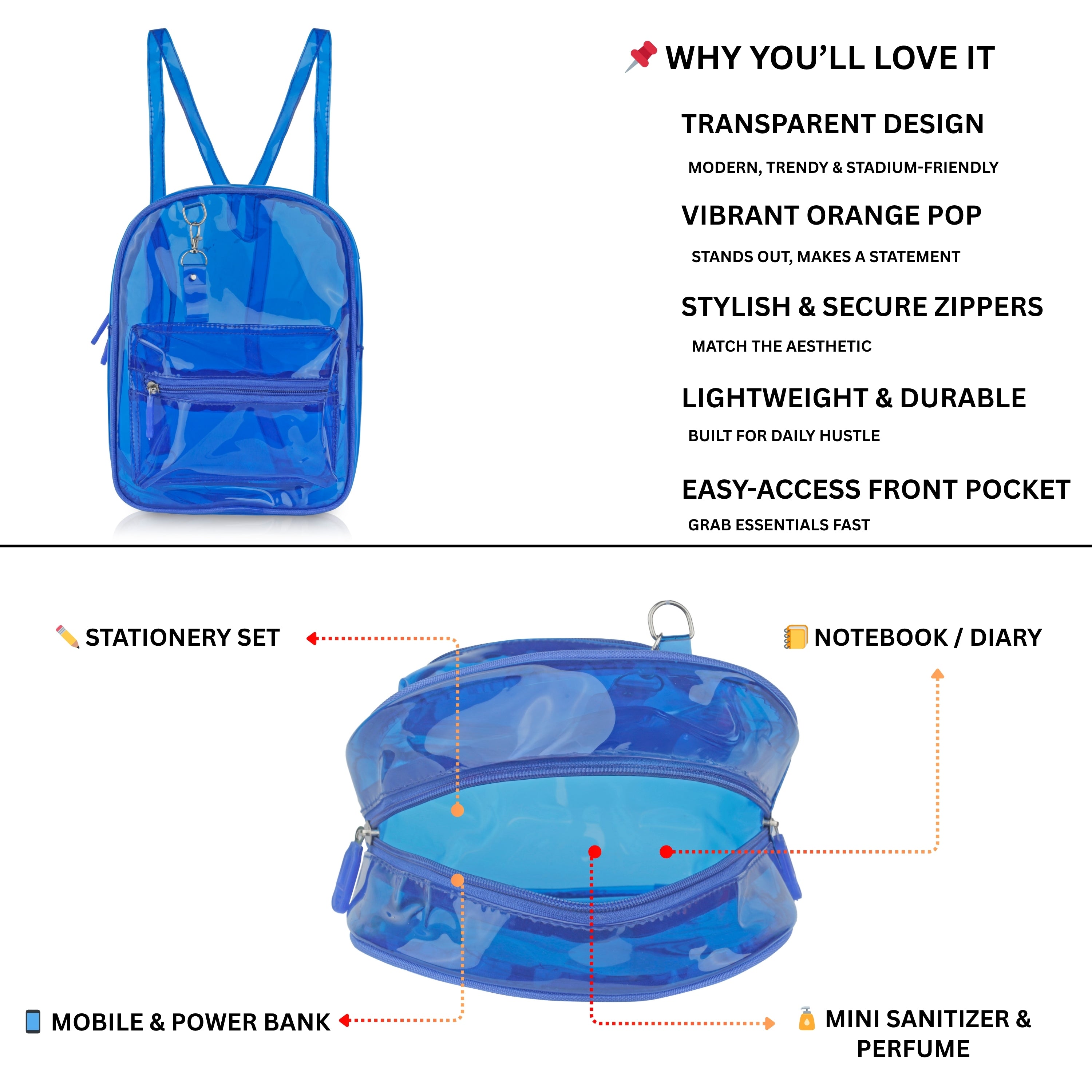Echo Boomers Stylish Transparent Jelly Backpack | Trendy Neon  Clear Bag | 50 GSM Waterproof PVC School, College & Travel Backpack with Front Zipper Pocket