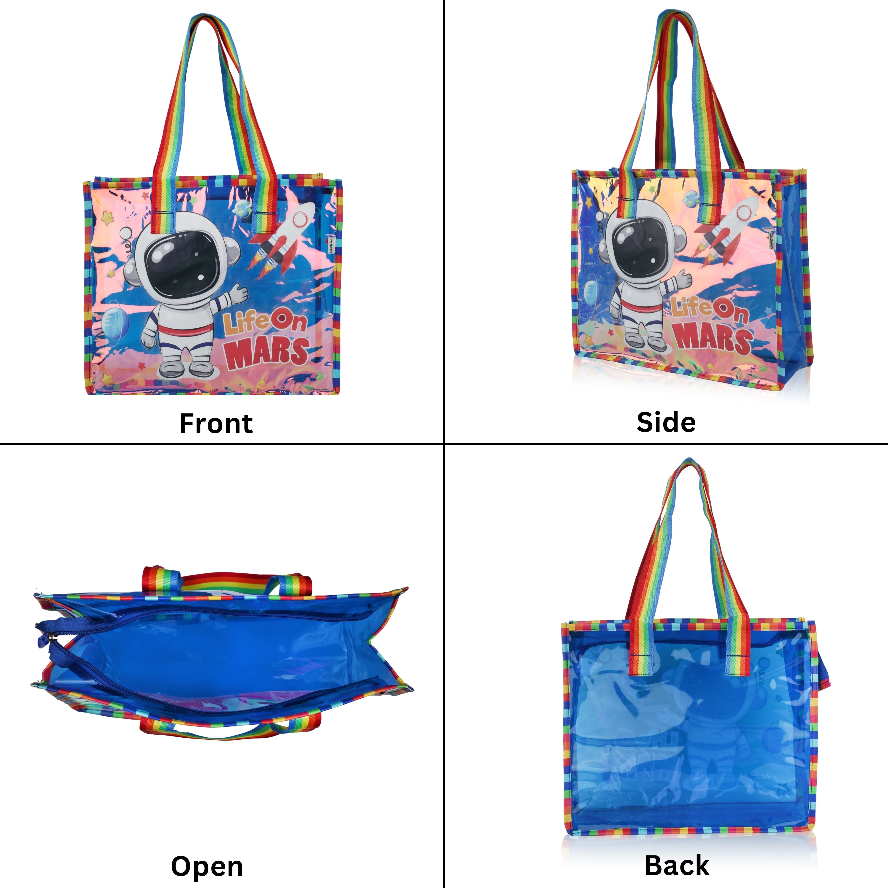 Echo Boomers Cute Mermaid,Magical Unicorn Wings,Astronaut, Stylish Cat,Cute Love Unicorn Transparent 50 GsmTote Bag – Rainbow Handles | Spacious, Durable & Stylish PVC Bag