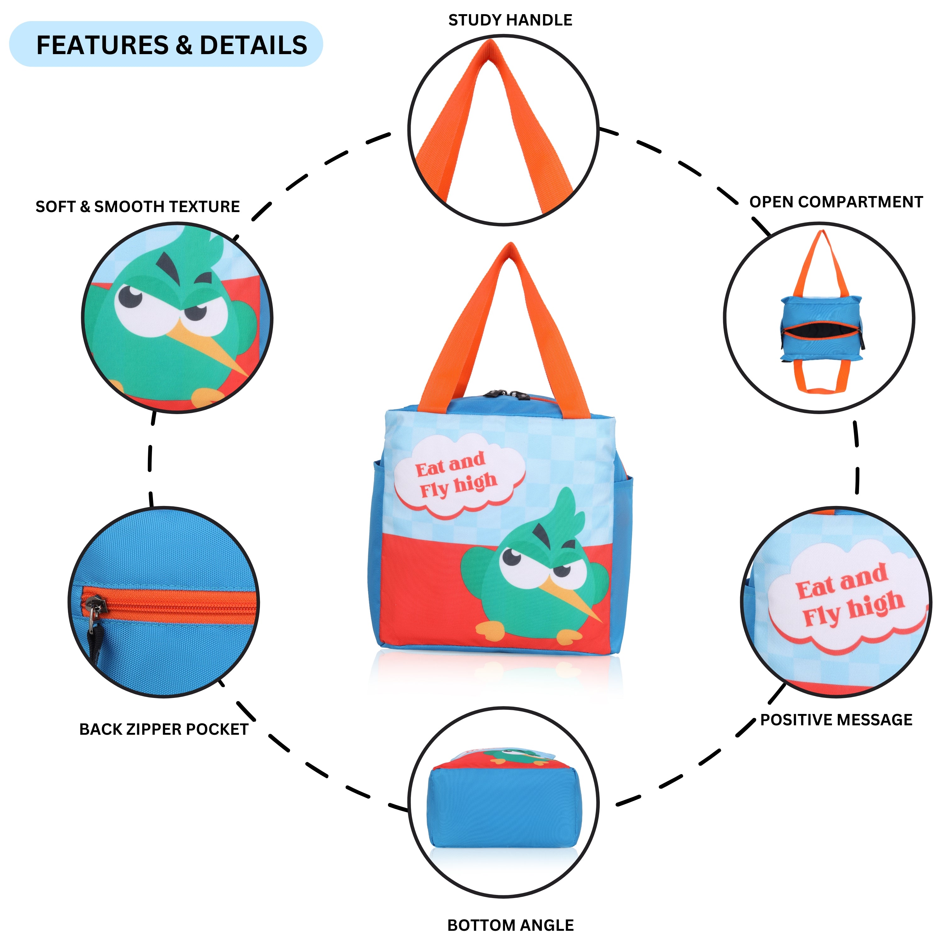 Echo Boomers Eat & Fly High Green Bird Lunch Bag for Kids | Stylish, Lightweight & Durable | School, Travel & Picnic Use | Premium Zipper, Sturdy Handle, Easy to Clean