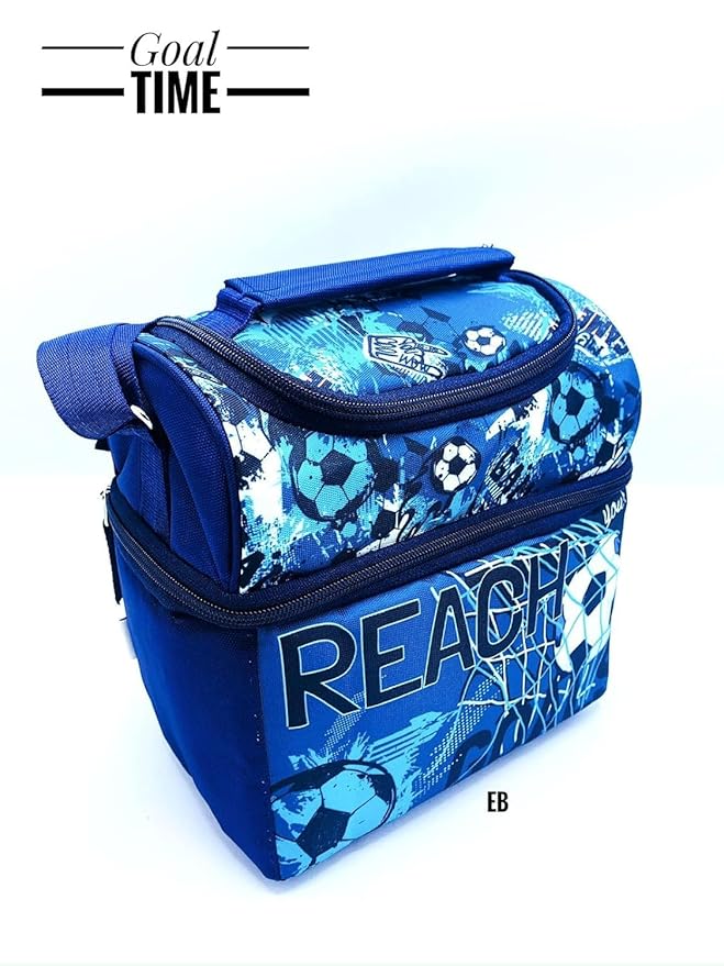 Echo Boomers Ball Printed Double Insulated Tiffin Lunch Bag & Goal Printed 3 Compartment School Bag Combo Set -Multi Zipper Pockets