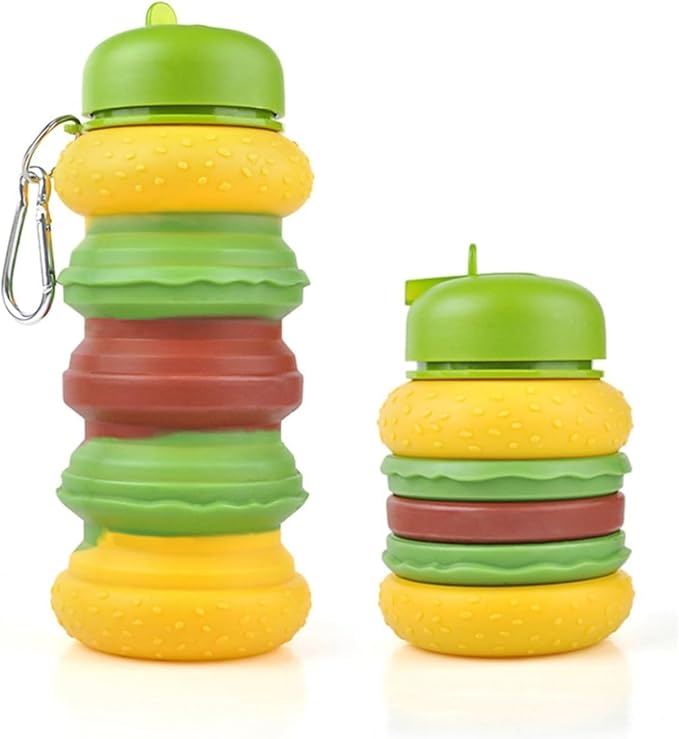 Echo Boomers Burger Shape 600ml Bpa Free Silicone Expand Water Bottle for School, Travel Adventure, Sports, Gym For Kids & Adults (Yellow)