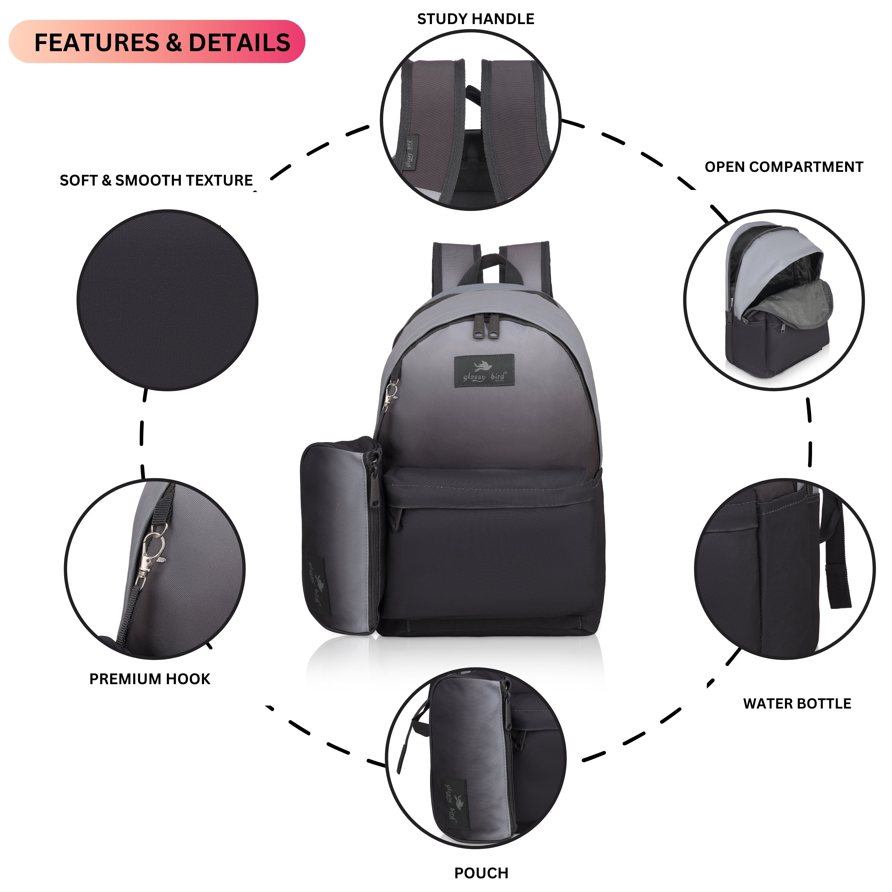 Echo Boomers Glossy Bird Backpack with Pouch – Casual Backpack with Compartments, Front Pocket, Bottle Holder – Ideal for School, College, Travel – Boys, Girls, Men, Women (Pink)
