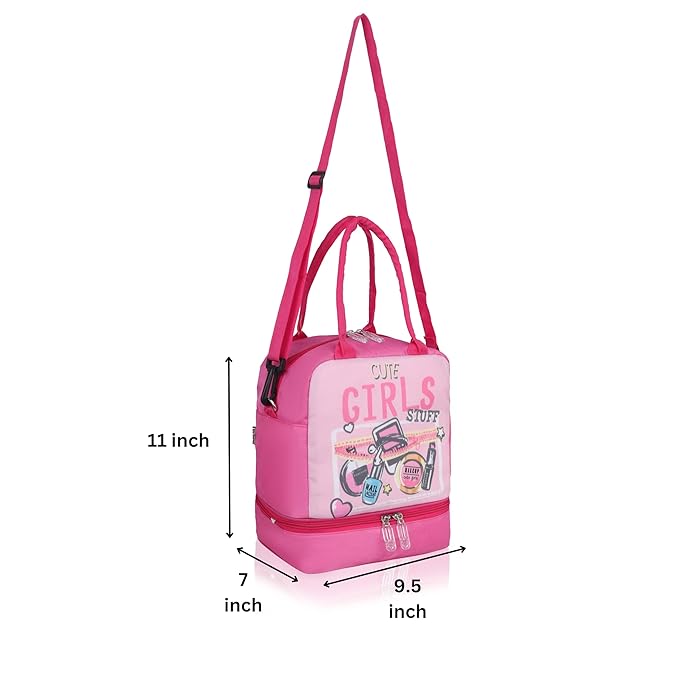 Echo Boomers Pink Lunch Bag - Insulated Tiffin Bag, Fun Girl Stuff Print & Long Strap