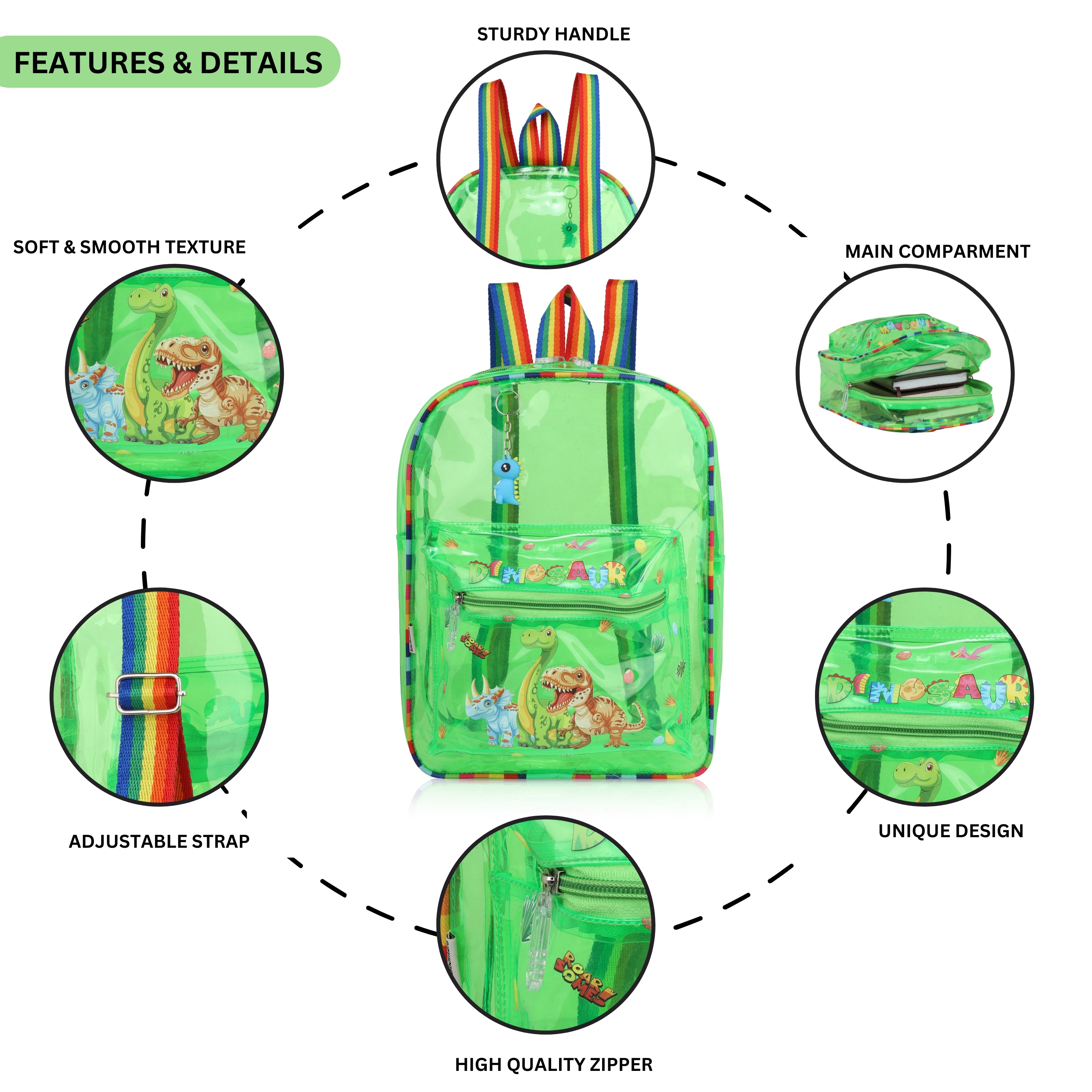 Echo Boomers Green Jelly Backpack Stylish, Lightweight & Durable with Dinosaur Print & “Dinosaur” Text, Transparent Soft Plastic, Adjustable Straps, Sturdy Handle, Premium Zipper & Versatile Design for School, Play & Everyday Adventures.