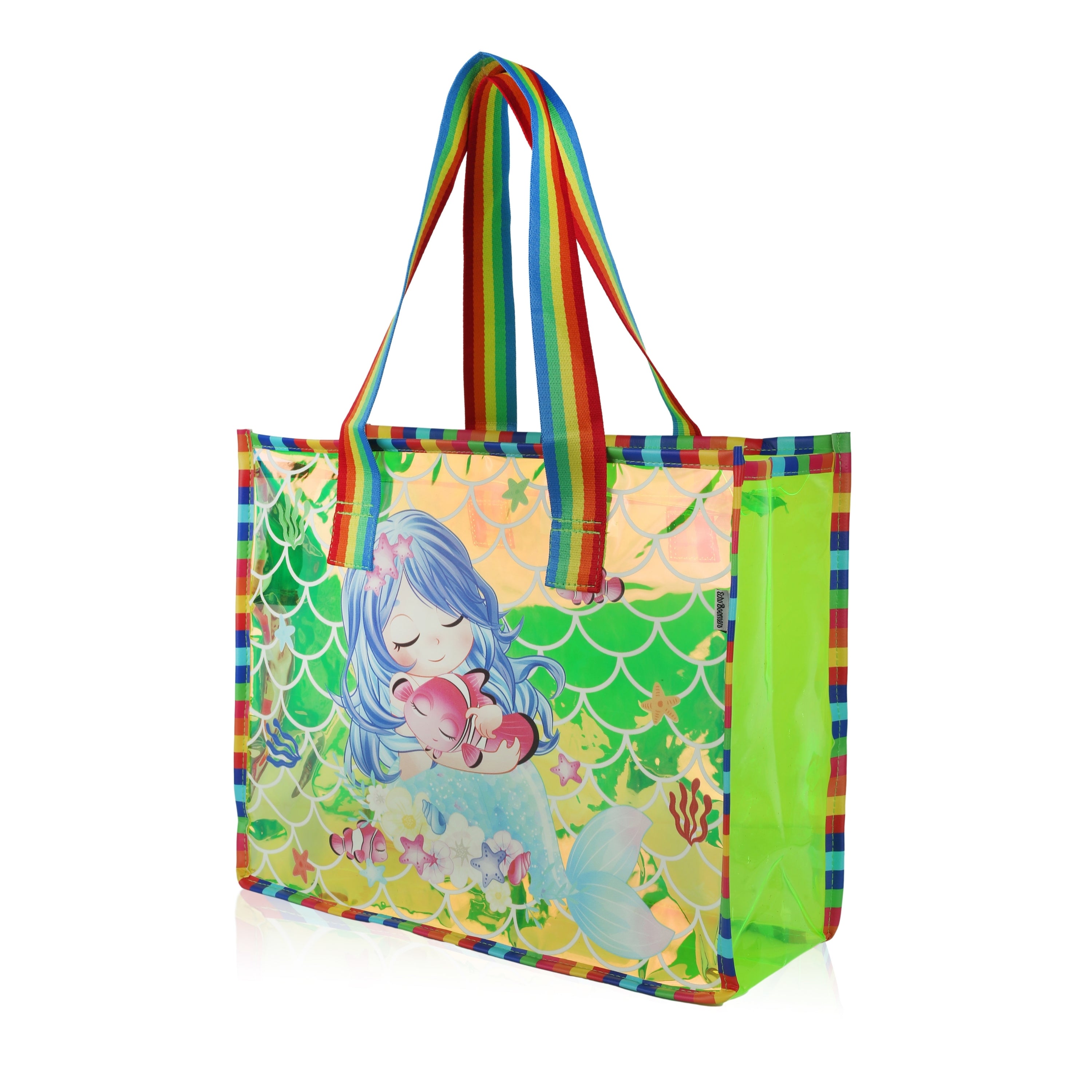 Echo Boomers Cute Mermaid,Magical Unicorn Wings,Astronaut, Stylish Cat,Cute Love Unicorn Transparent 50 GsmTote Bag – Rainbow Handles | Spacious, Durable & Stylish PVC Bag