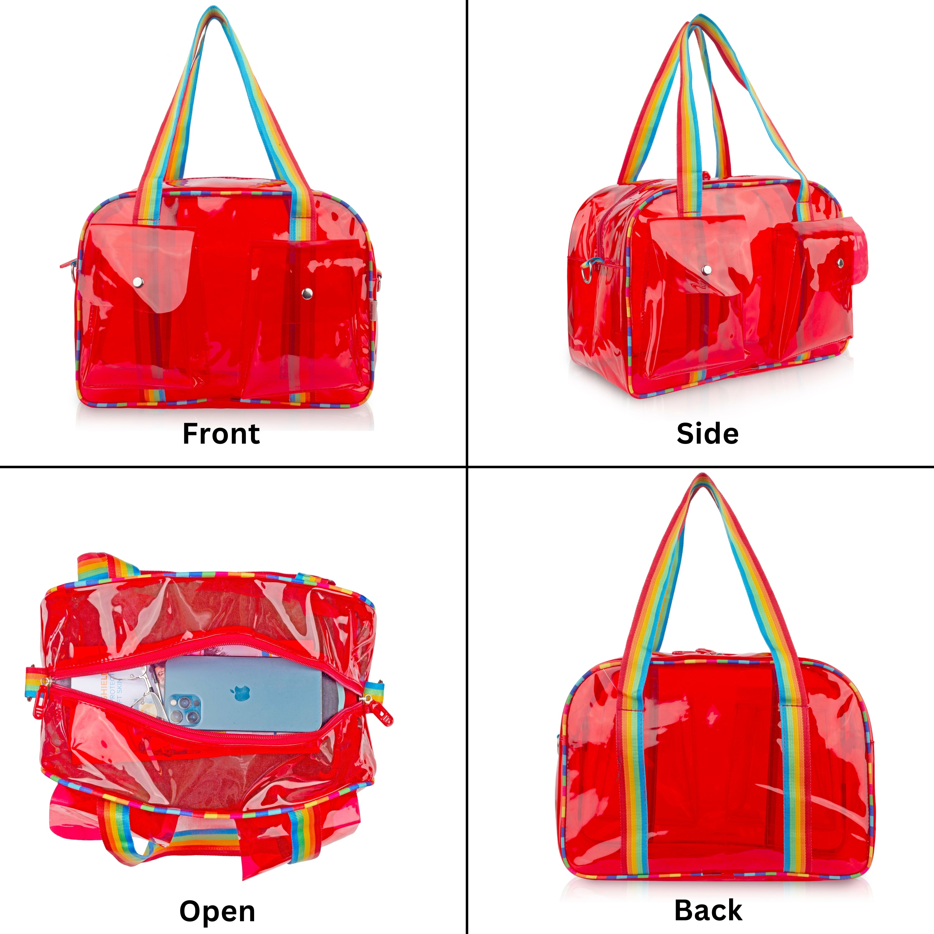 Echo Boomers Unisex Transparent Jelly Duffle Bag – Trendy  Travel Tote with Rainbow Straps & Dual Front Pockets – Fashion Gym, College & Weekend Bag