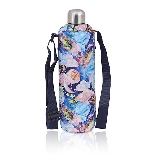 Echo Boomers Multi-Color Clouds Theme Printed Large Insulated Lunch Bag with Mesh Compartment & Water Bottle Combo - Navy Blue