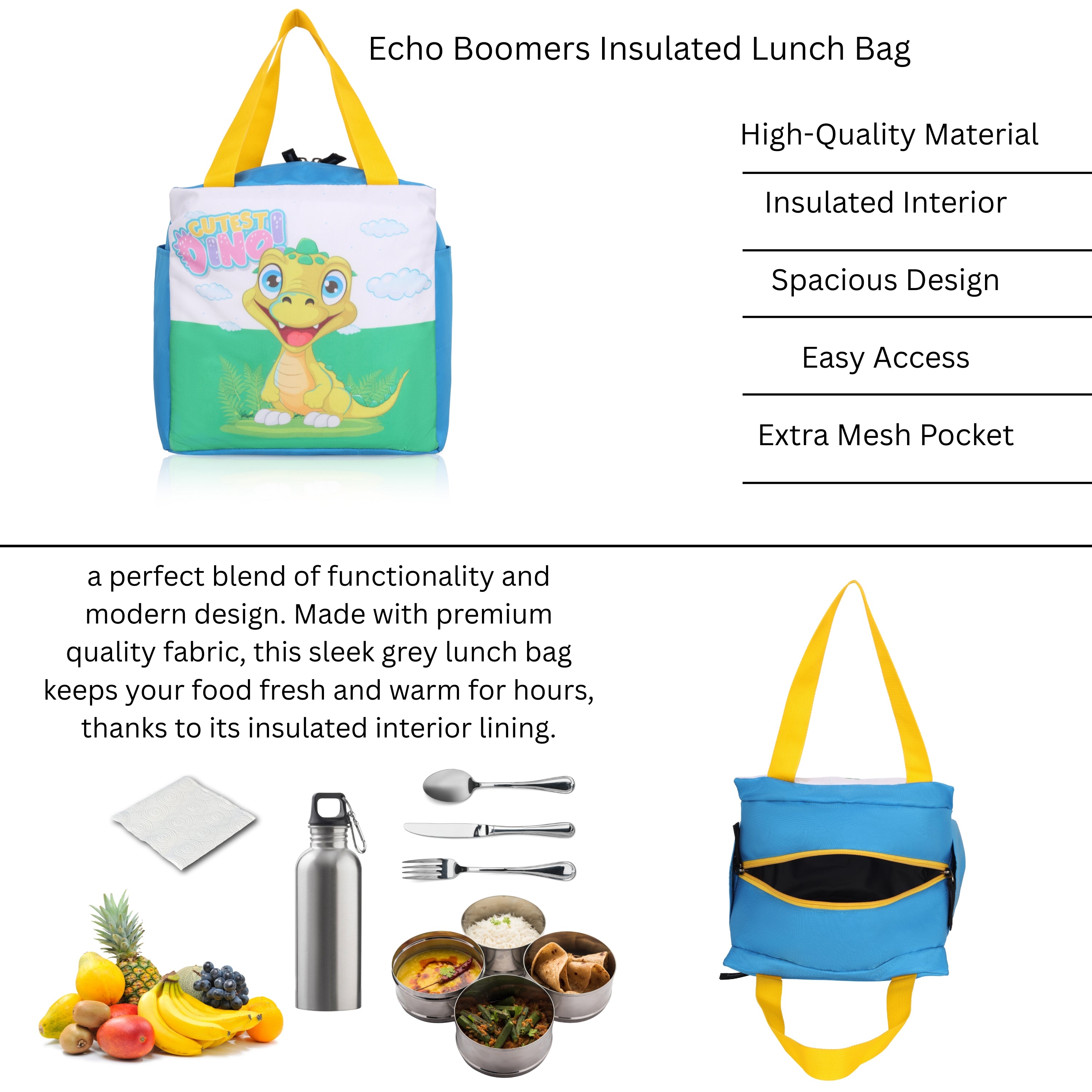 Echo Boomers Cutest Dino Print Sky Blue Lunch Bag for Kids | Stylish, Lightweight & Durable | School, Travel & Picnic Use | Premium Zipper, Sturdy Handle, Easy to Clean