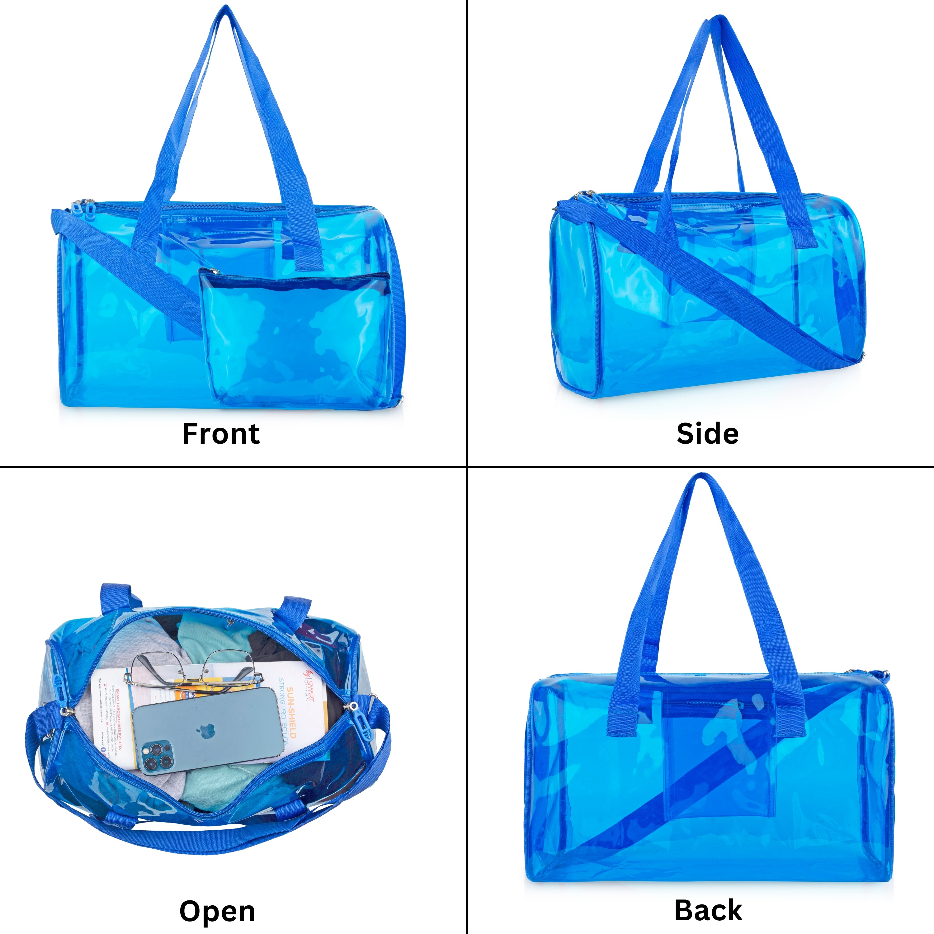 Echo Boomers Bold Blue Transparent Jelly Duffle Bag with Matching Pouch | 50 GSM Waterproof PVC Travel Gym Tote | Lightweight Shoulder Handbag for Women, Girls, College, Sports & Weekend Trips
