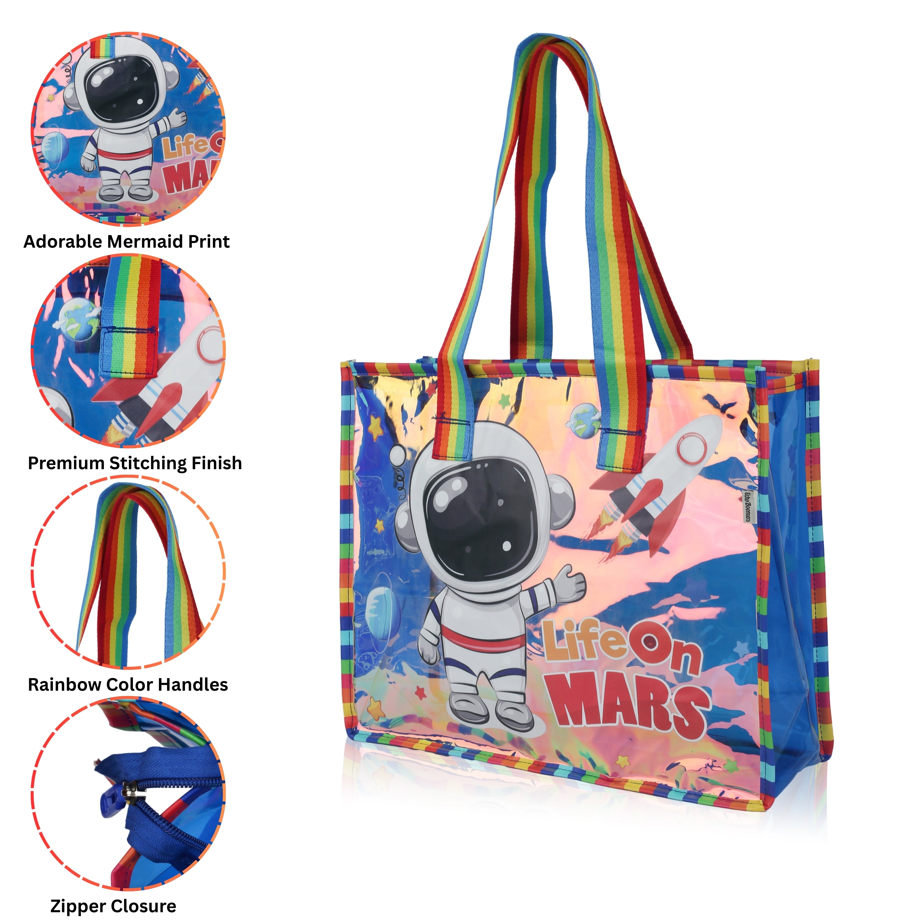Echo Boomers Cute Mermaid,Magical Unicorn Wings,Astronaut, Stylish Cat,Cute Love Unicorn Transparent 50 GsmTote Bag – Rainbow Handles | Spacious, Durable & Stylish PVC Bag