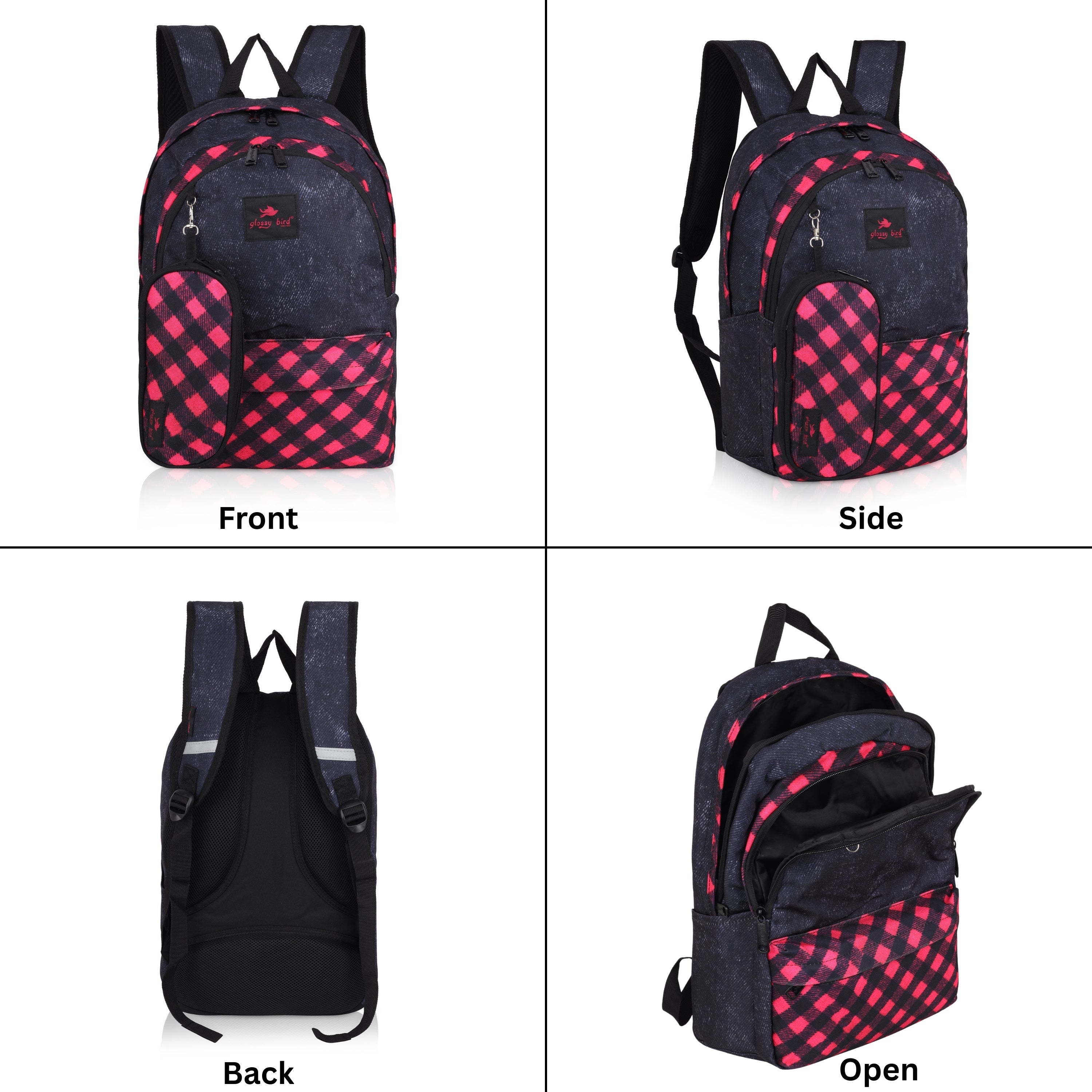Echo Boomers Glossy Bird 21L Unisex Backpack with Pouch – Stylish Check Design, 3 Compartments, Front Pocket, Bottle Holder – Water-Resistant School, Travel, Office Bag (Yellow