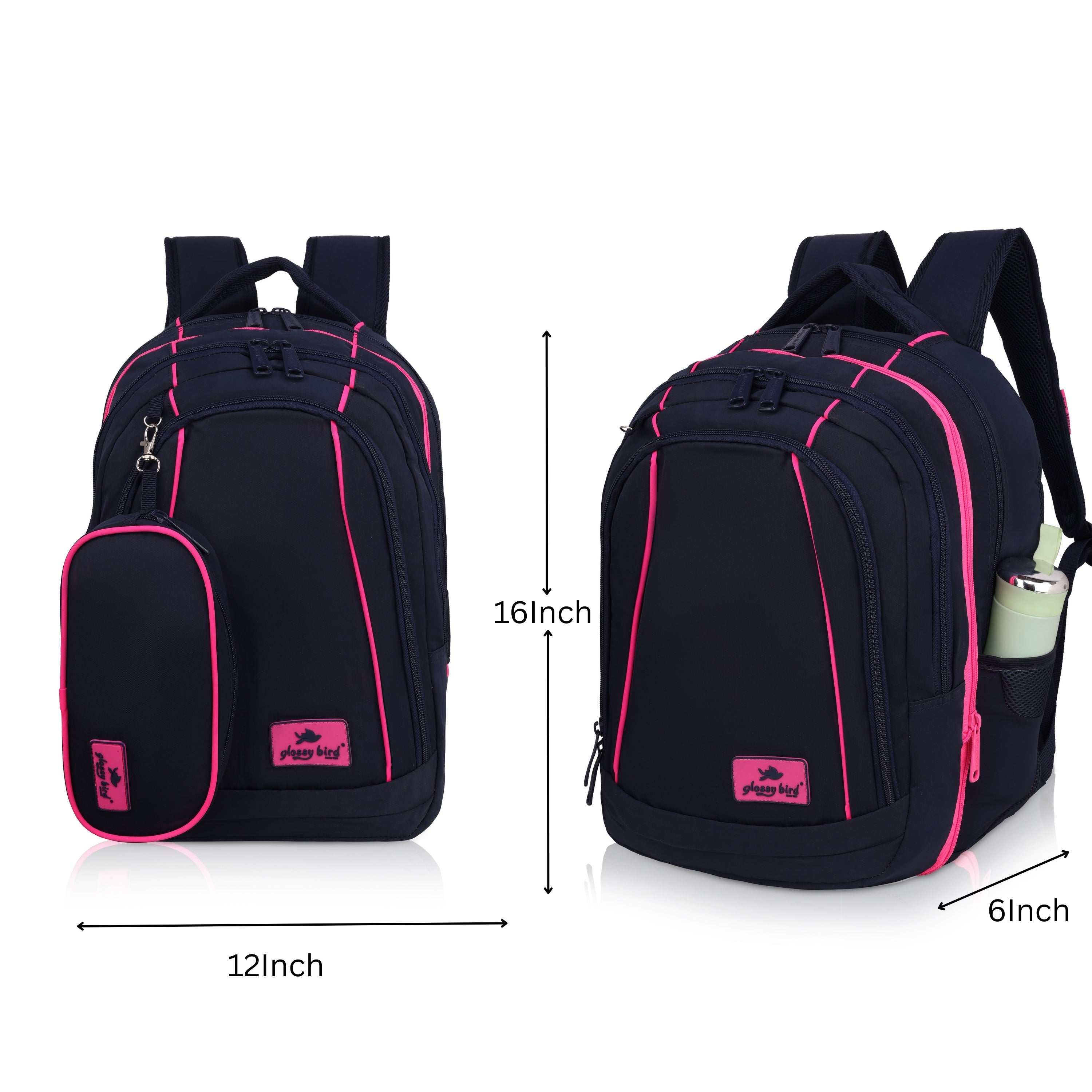Echo Boomers Glossy Bird Backpack (PINK) – Water-Resistant Unisex Bag with 4 Compartments, Detachable Pouch, Bottle Holder & Padded Straps – School, College, Work & Travel Bag