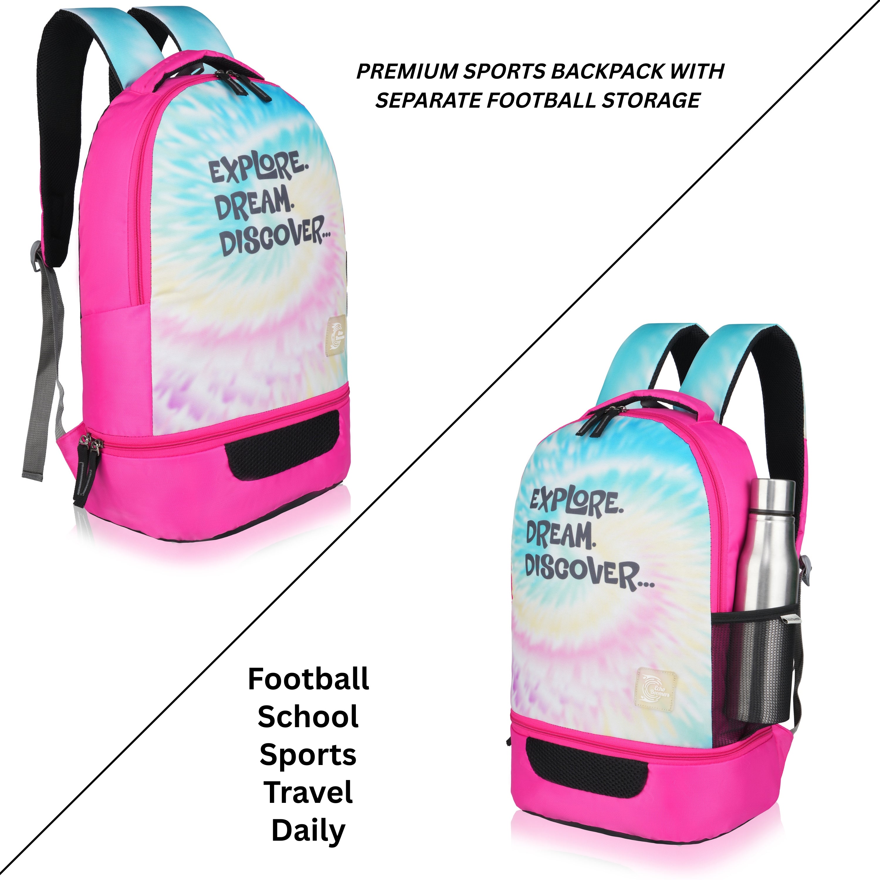 Echo Boomers Manchester United Sports Backpack with Separate Football Compartment | Student Sports Backpack with Adjustable Straps, Sturdy Handle & High Quality Zippers