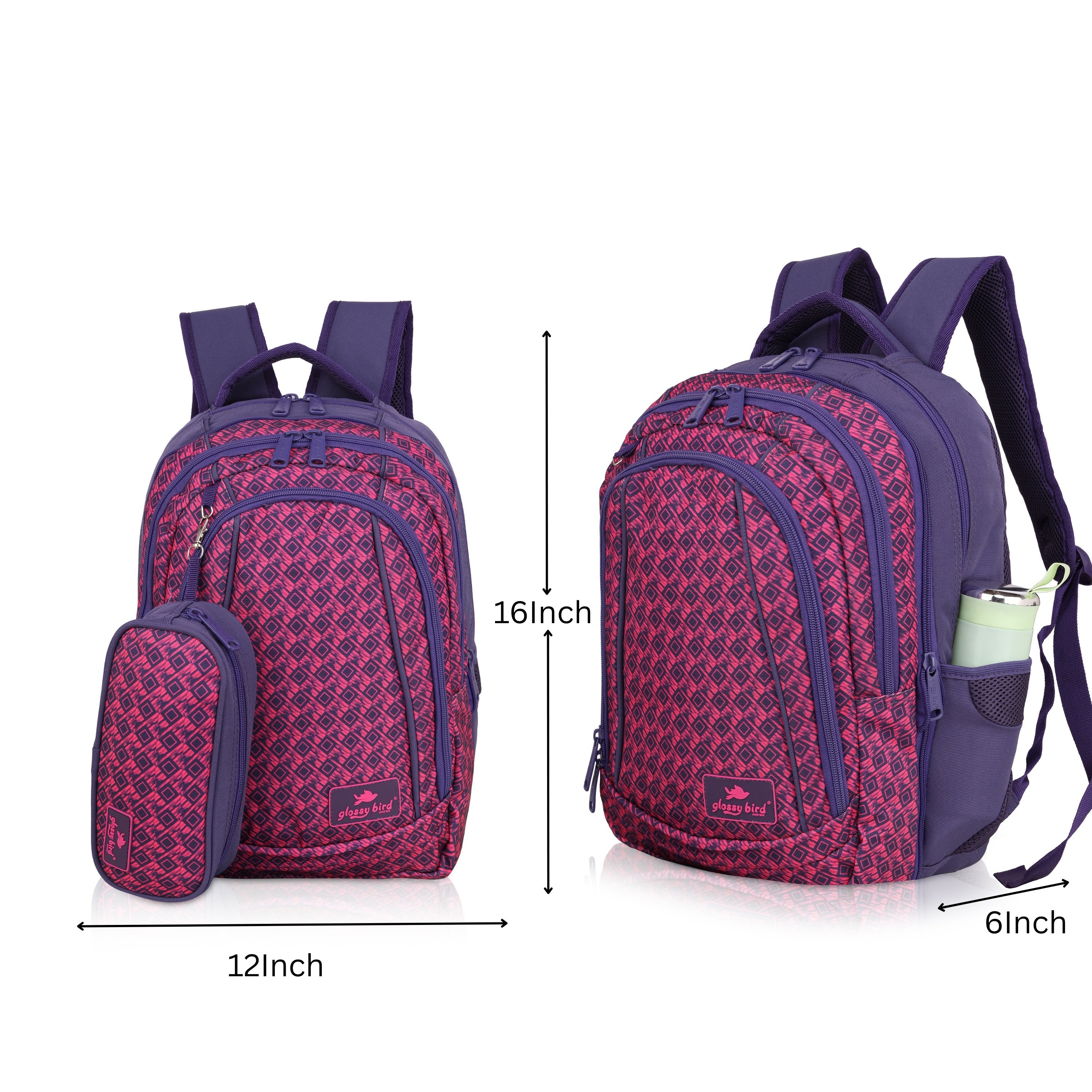 Echo Boomers Glossy Bird Unisex Backpack for School, Office & Travel – Water-Resistant, Lightweight Bag with 4 Compartments, Bottle Holder, Detachable Pouch & Ergonomic Straps (Purple)