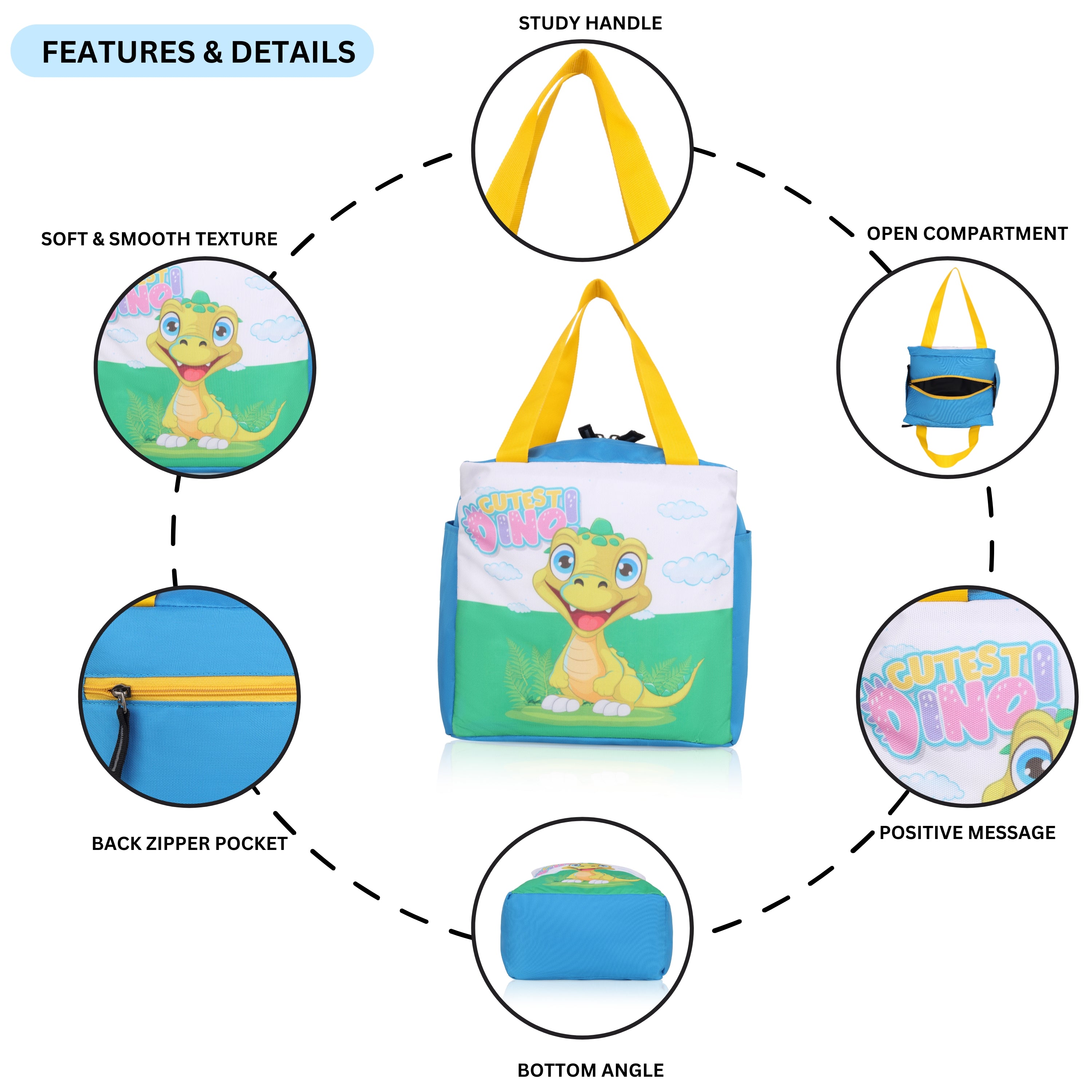 Echo Boomers Cutest Dino Print Sky Blue Lunch Bag for Kids | Stylish, Lightweight & Durable | School, Travel & Picnic Use | Premium Zipper, Sturdy Handle, Easy to Clean