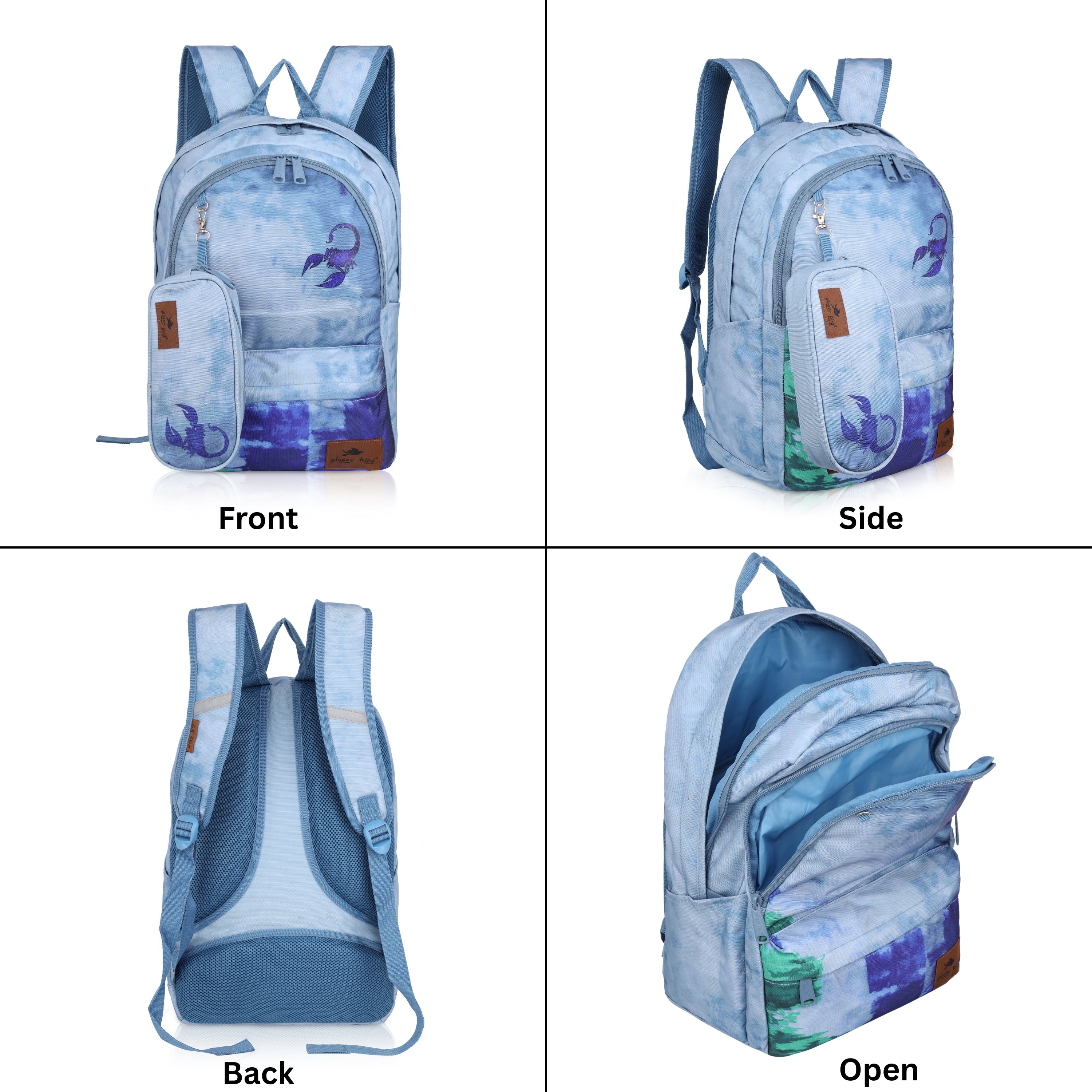 Echo Boomers Glossy Bird Backpack – Water-Resistant Stylish Bag with 3 Compartments, Bottle Holder, Detachable Pouch & Padded Straps – School & Travel Bag (AQUA)