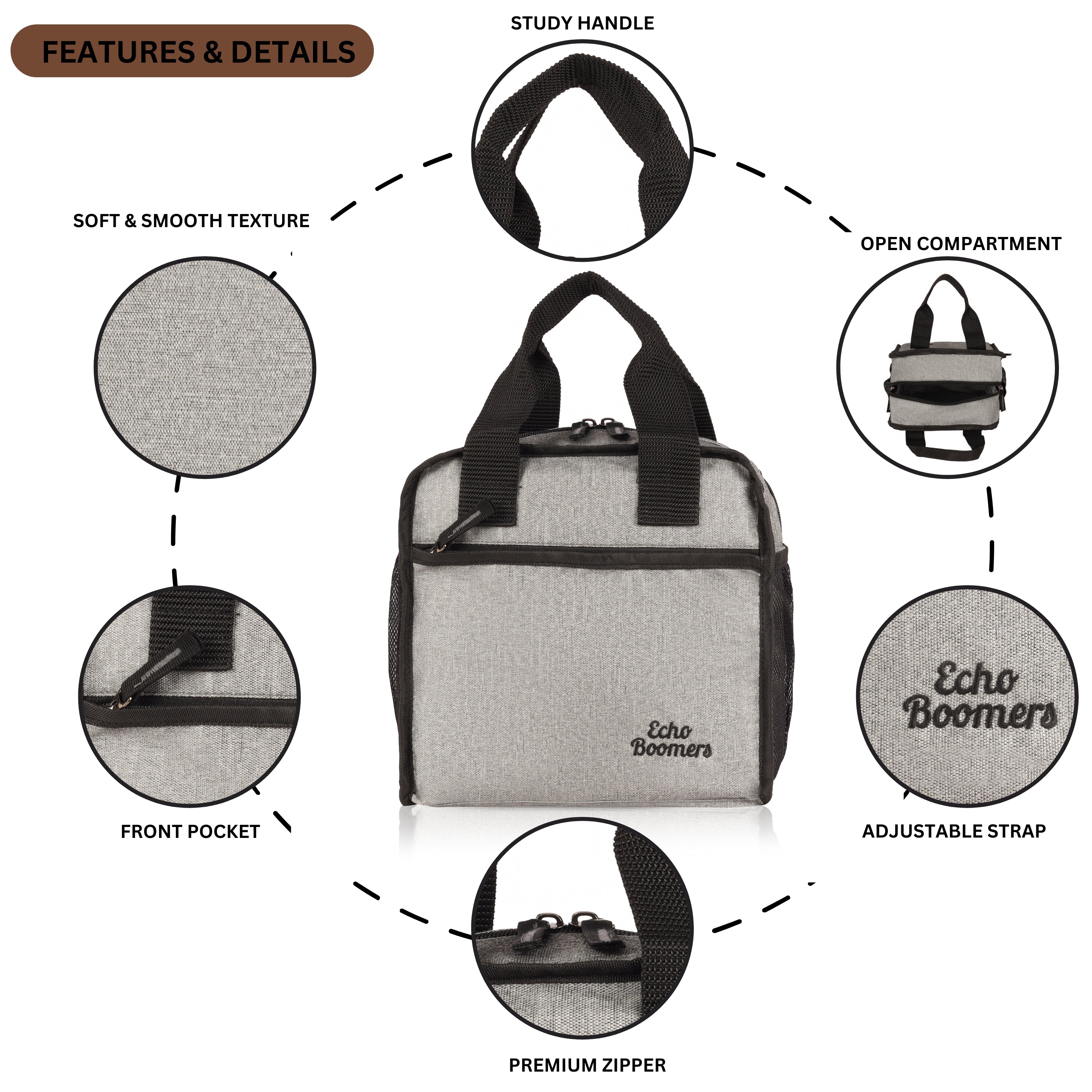 Echo Boomers Premium Lunch Bag – Stylish, Lightweight, Attractive, & Durable Meal Companion and versatile bag(Grey).