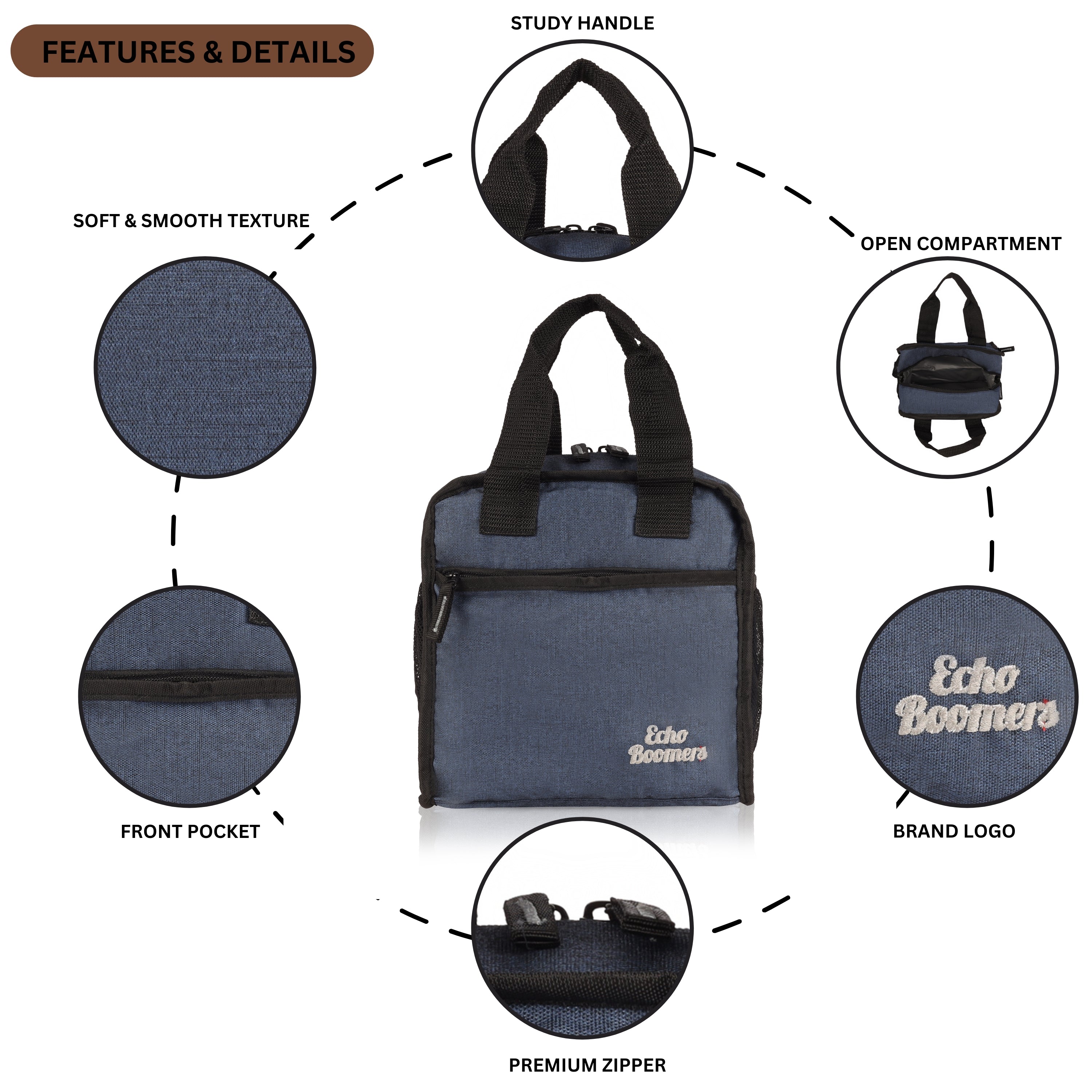 Echo Boomers Premium Lunch Bag – Stylish, Lightweight, Attractive, & Durable Meal Companion and versatile bag(Navy).