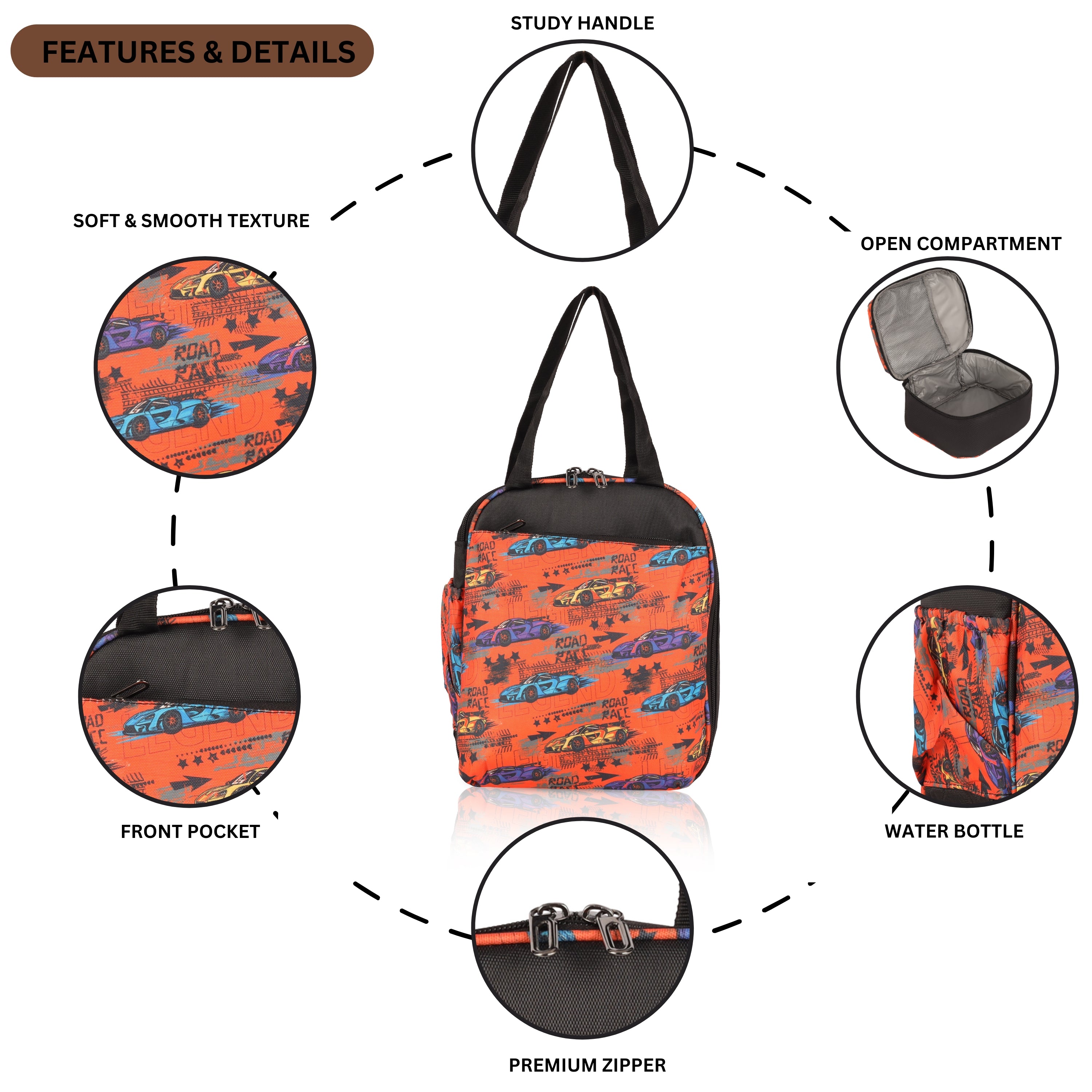 Echo Boomers Premium Car Pint Lunch Bag – Stylish, Lightweight, Attractive, & Durable Meal Companion and versatile bag(Black& Orange).
