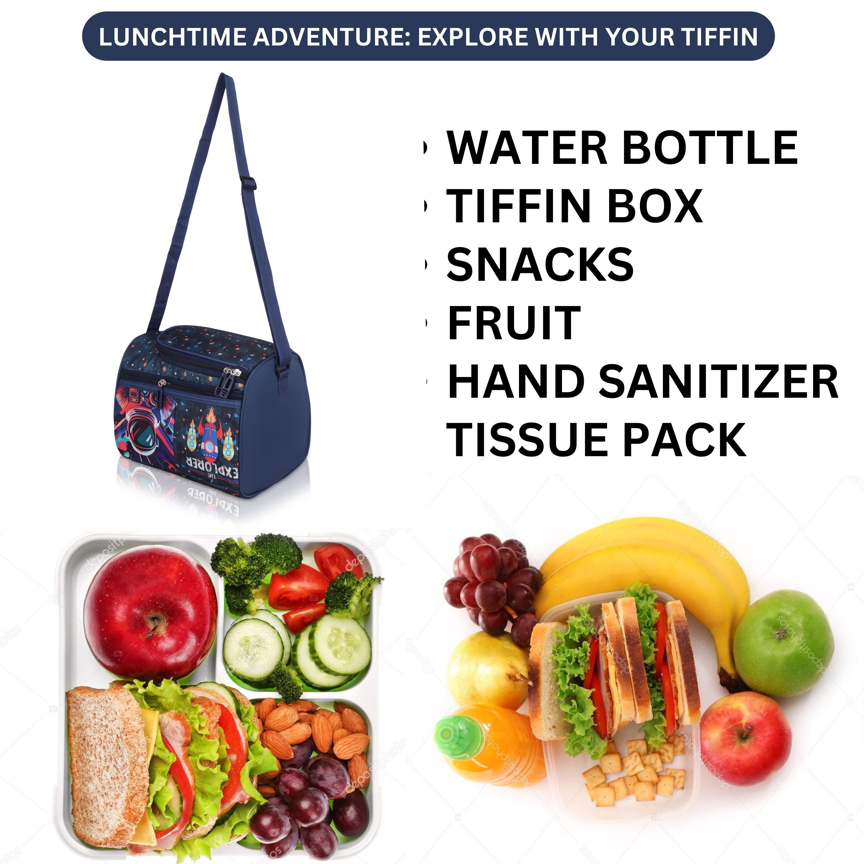 Echo Boomers Blue Explorer Printed Double Insulated Tiffin Lunch Bag with Multi Zipper Pockets - Blue