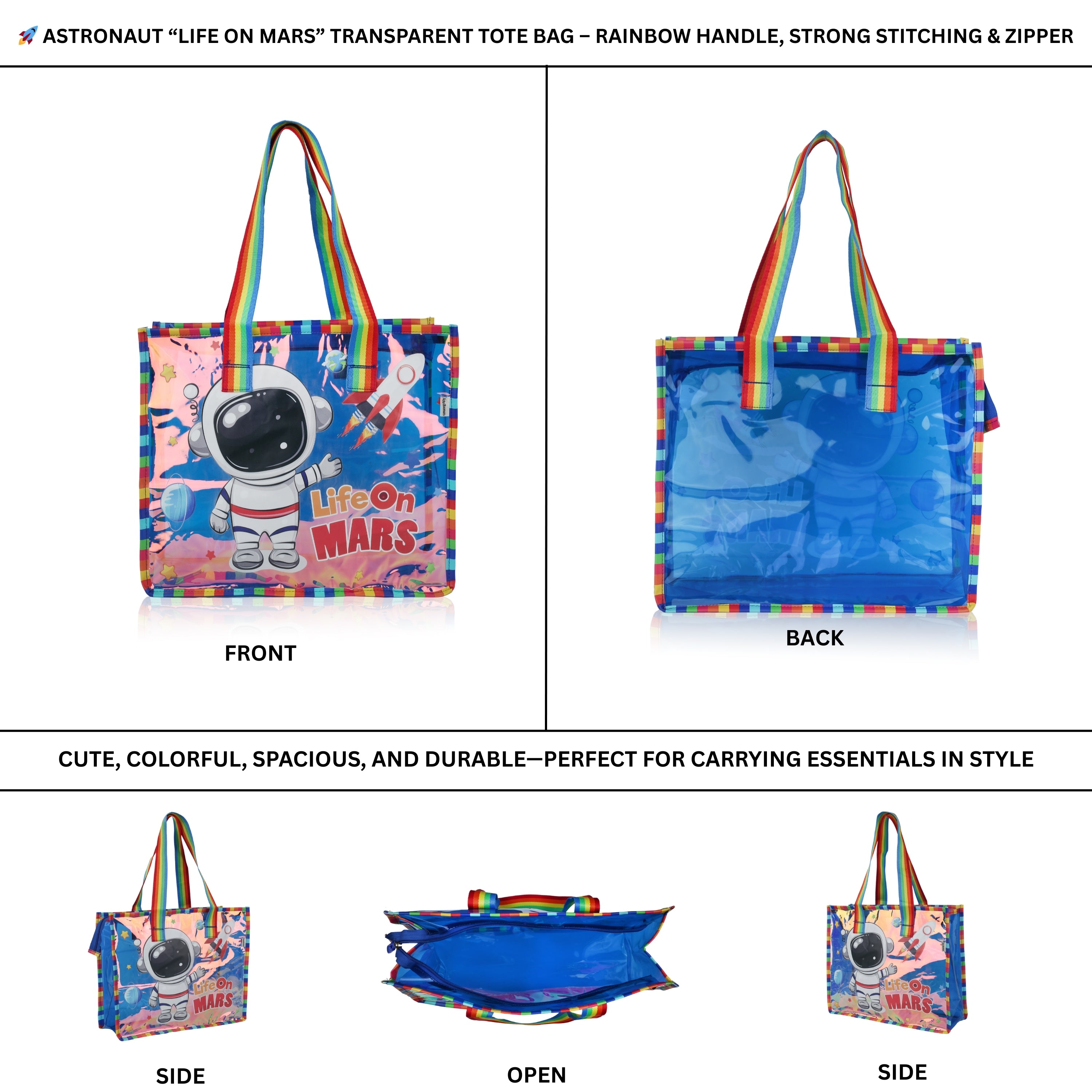 Echo Boomers Cute Mermaid,Magical Unicorn Wings,Astronaut, Stylish Cat,Cute Love Unicorn Transparent 50 GsmTote Bag – Rainbow Handles | Spacious, Durable & Stylish PVC Bag