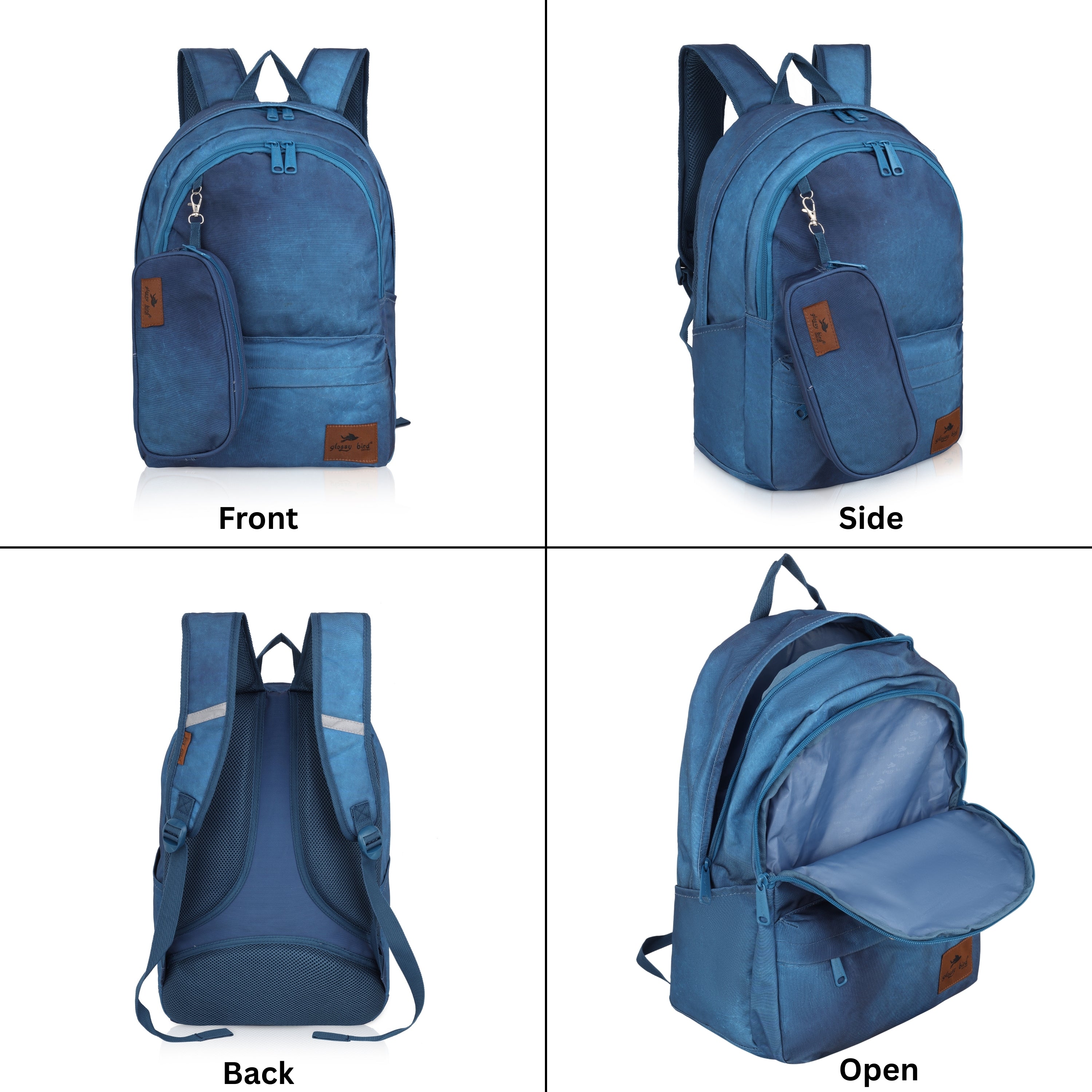 Echo Boomers Glossy Bird Backpack by Echo Boomers – Water-Resistant Bag with 3 Compartments, Bottle Holder, Padded Straps & Detachable Pouch – Ideal for School & Travel (Blue)