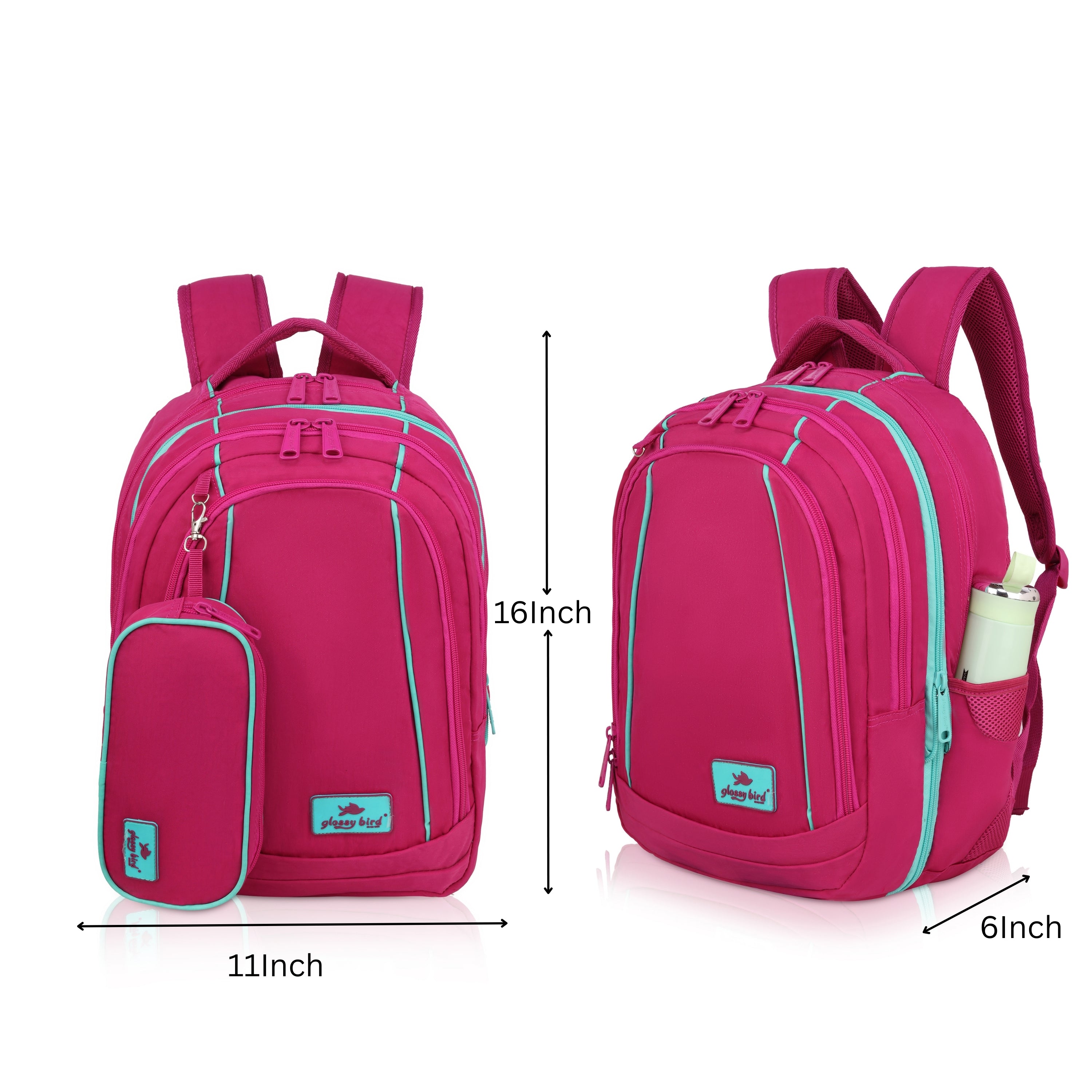 Echo Boomers Glossy Bird Backpack (PINK) – Water-Resistant Unisex Bag with 4 Compartments, Detachable Pouch, Bottle Holder & Padded Straps – School, College, Work & Travel Bag
