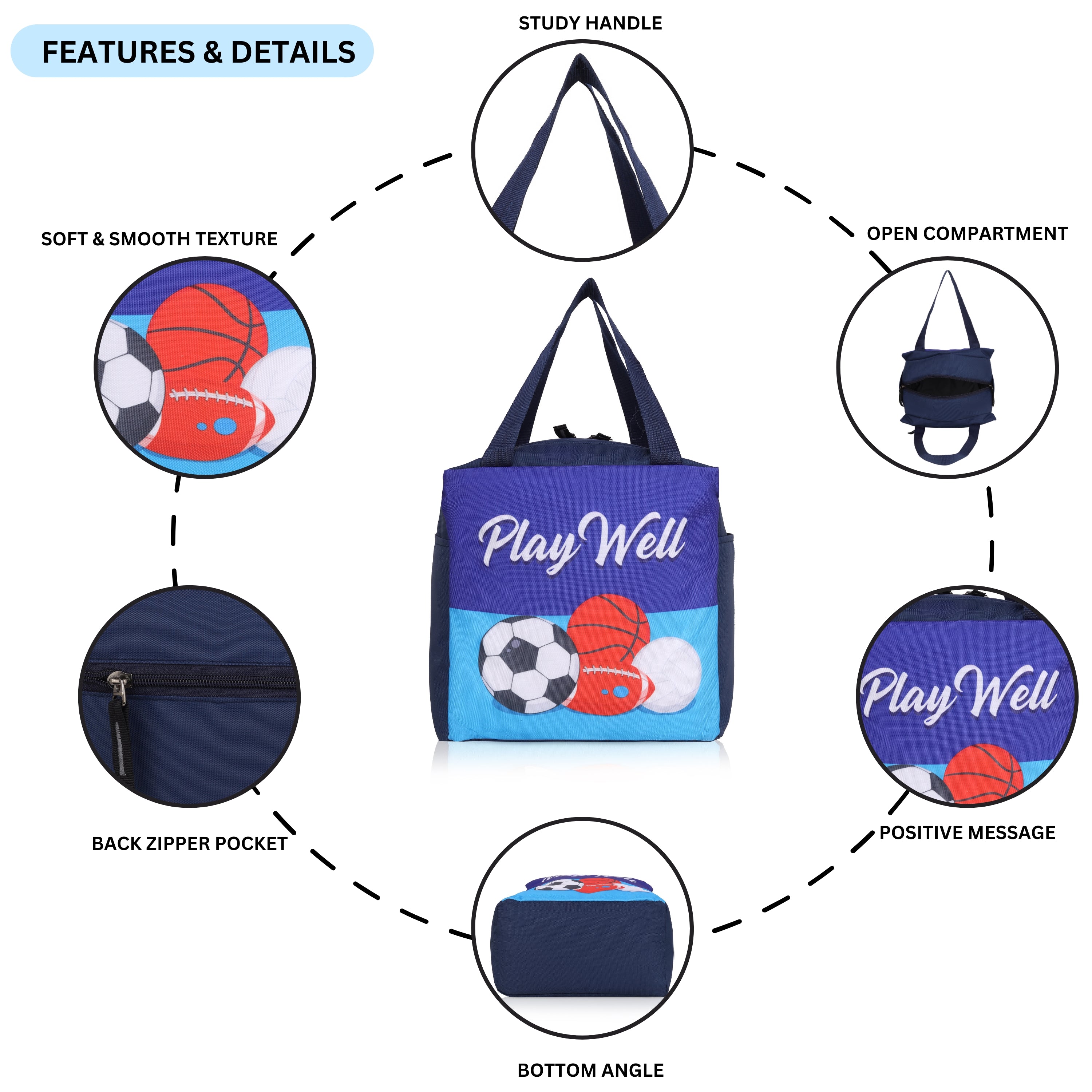Echo Boomers Play Well Football Print Navy Lunch Bag for Kids | Stylish, Lightweight & Durable | School, Travel & Picnic Use | Premium Zipper, Sturdy Handle, Easy to Clean