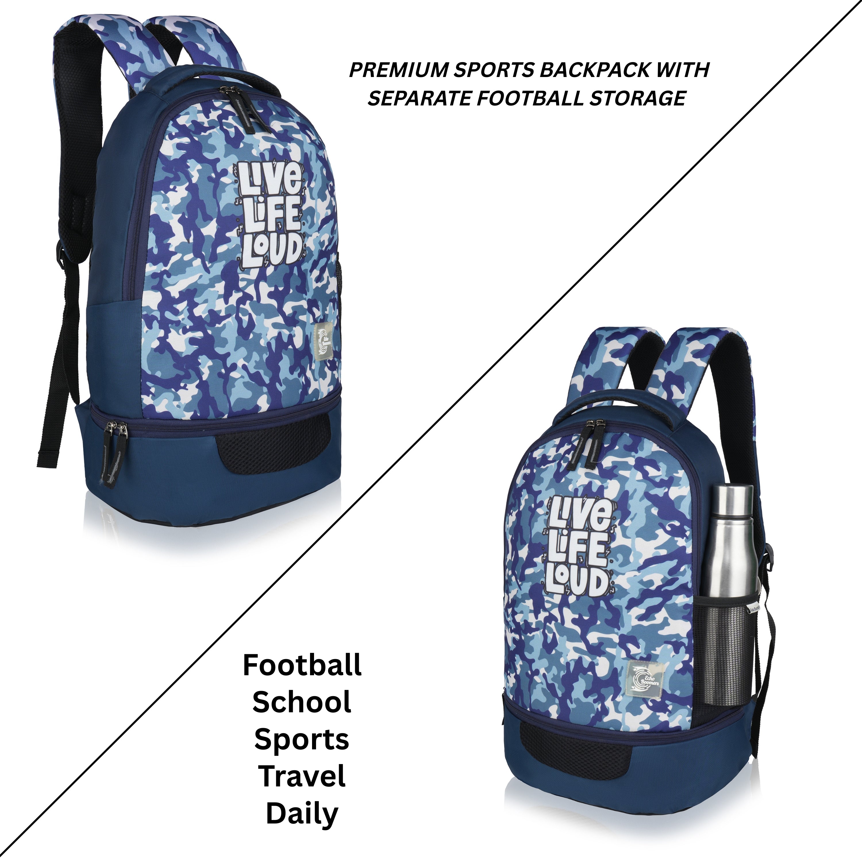 Echo Boomers Manchester United Sports Backpack with Separate Football Compartment | Student Sports Backpack with Adjustable Straps, Sturdy Handle & High Quality Zippers