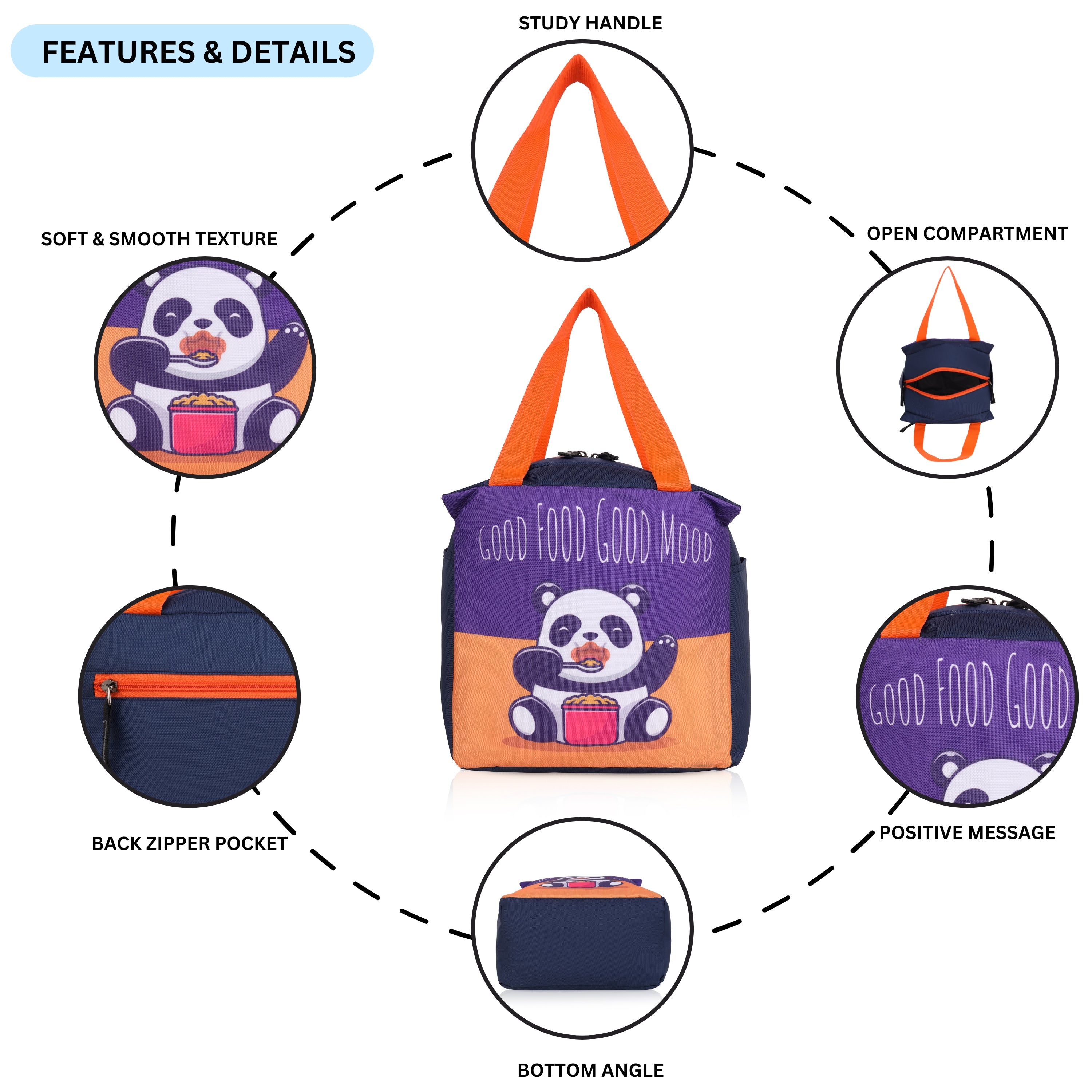 Echo Boomers Good Food Good Mood Panda Print Black Lunch Bag for Kids | Stylish, Lightweight & Durable | School, Travel & Picnic Use | Premium Zipper, Sturdy Handle, Easy to Clean