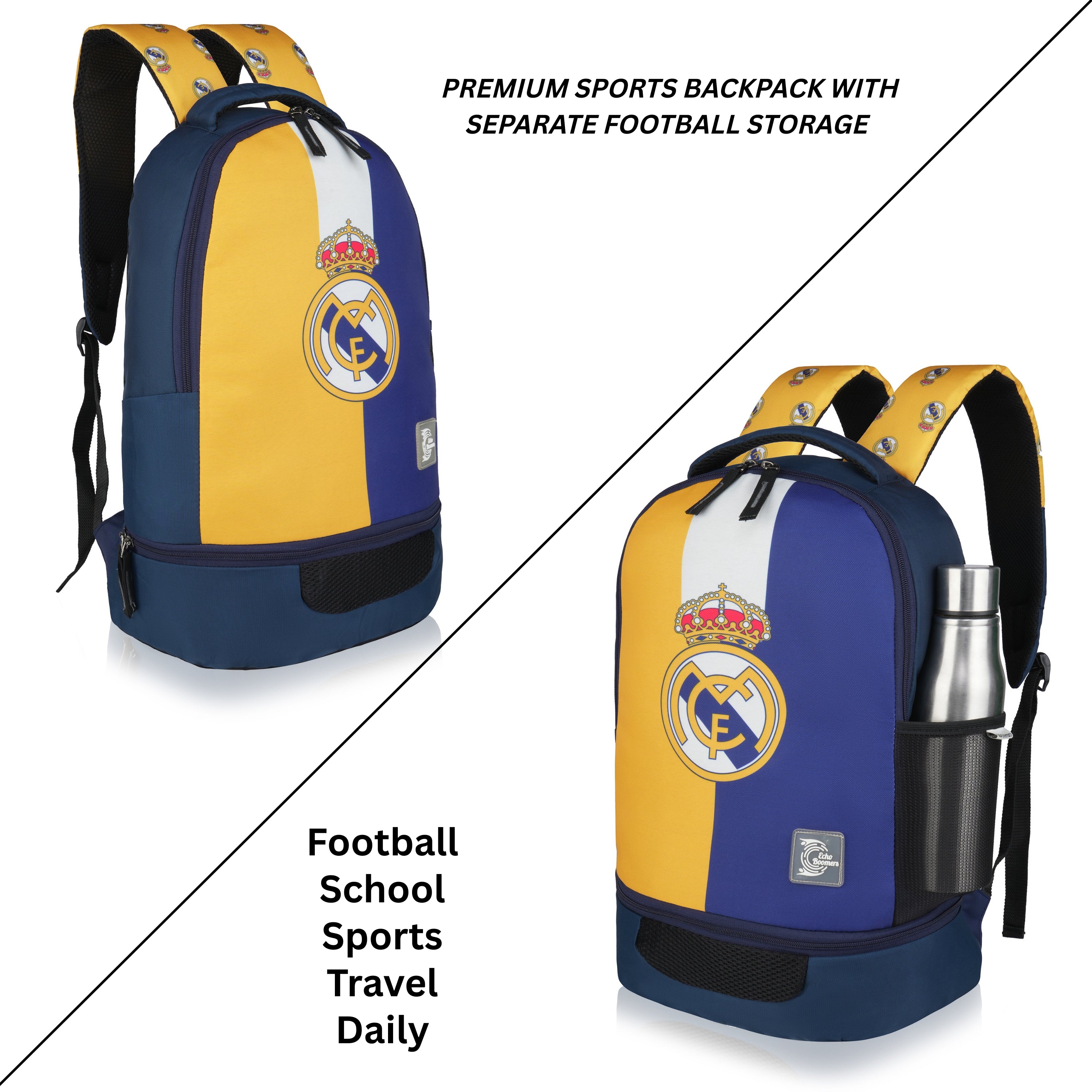 Echo Boomers Manchester United Sports Backpack with Separate Football Compartment | Student Sports Backpack with Adjustable Straps, Sturdy Handle & High Quality Zippers