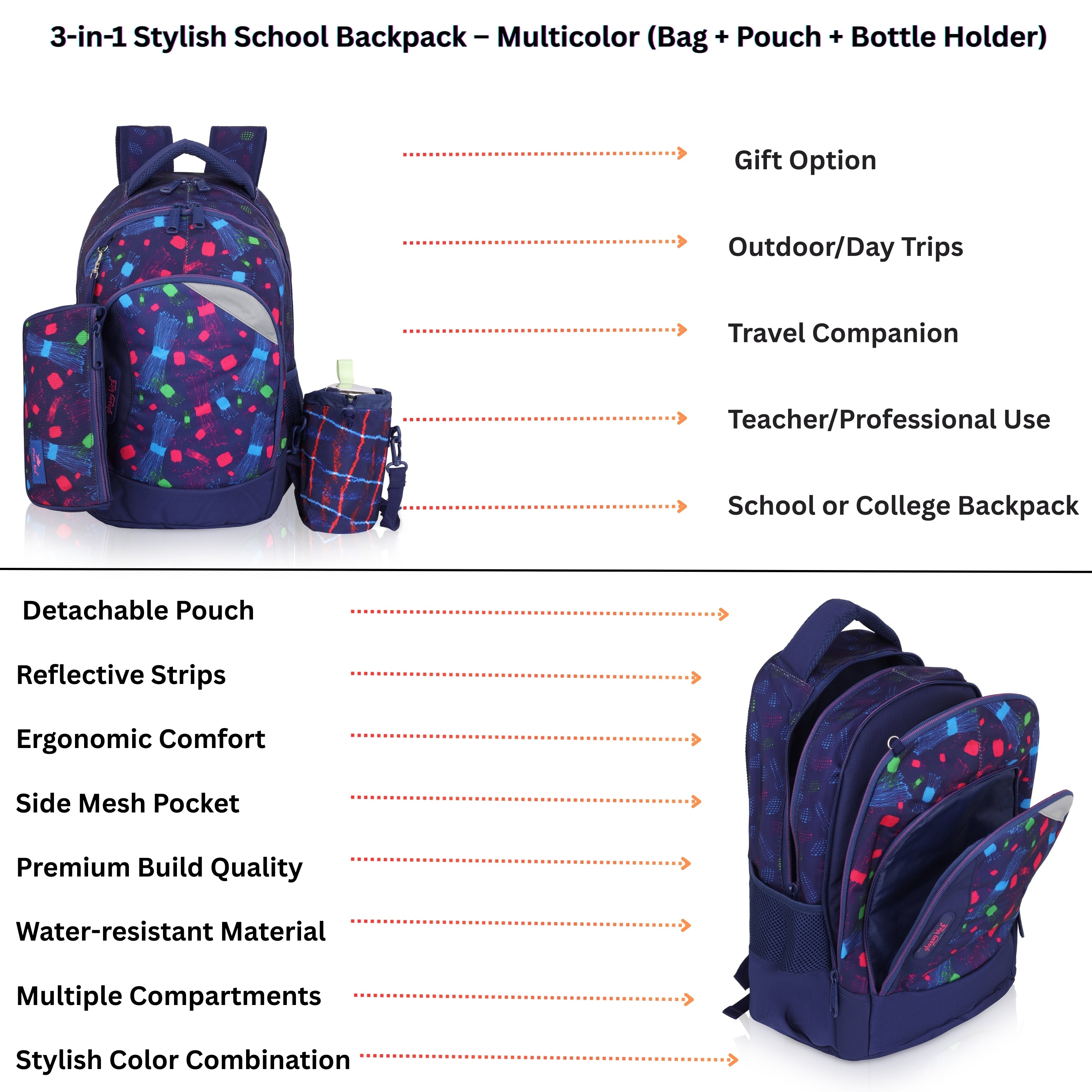 Echo Boomers Glossy Bird Backpack (BLACK) – Lightweight Water-Resistant School Bag for Girls & Boys with Detachable Pouch & Bottle Holder – Stylish Multi-Pocket Travel Backpack