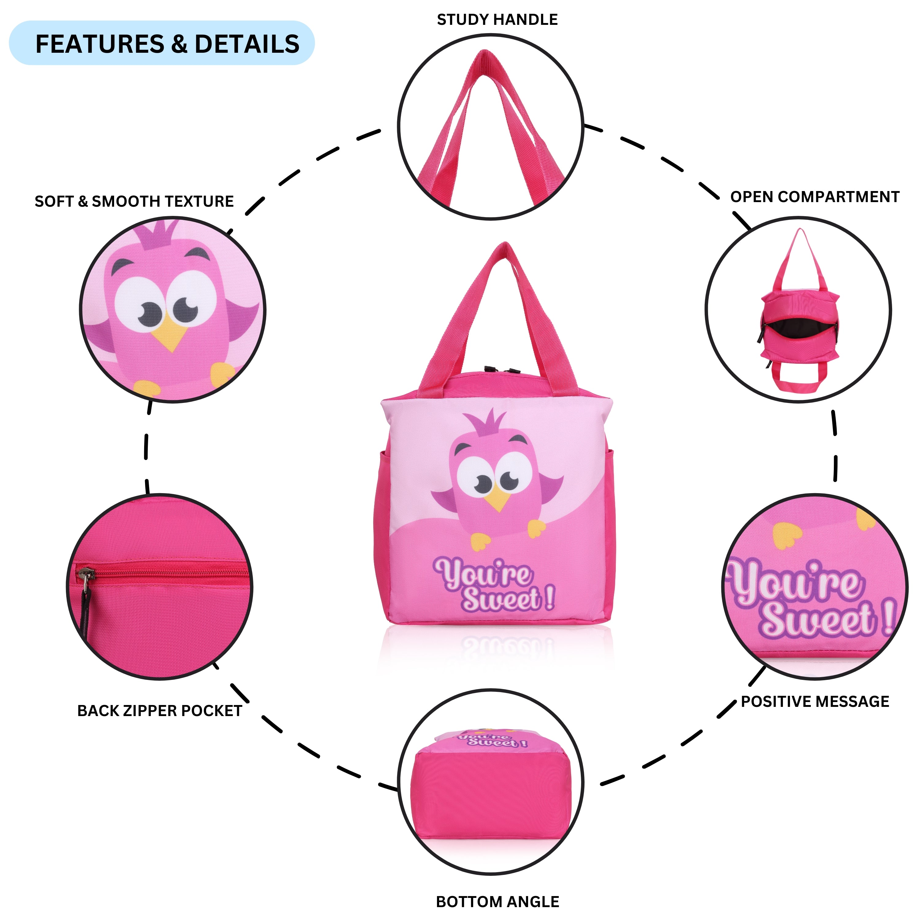 Echo Boomers You Are Sweet Pink Bird Print Lunch Bag for Kids | Stylish, Lightweight & Durable | School, Travel & Picnic Use | Premium Zipper, Sturdy Handle, Easy to Clean